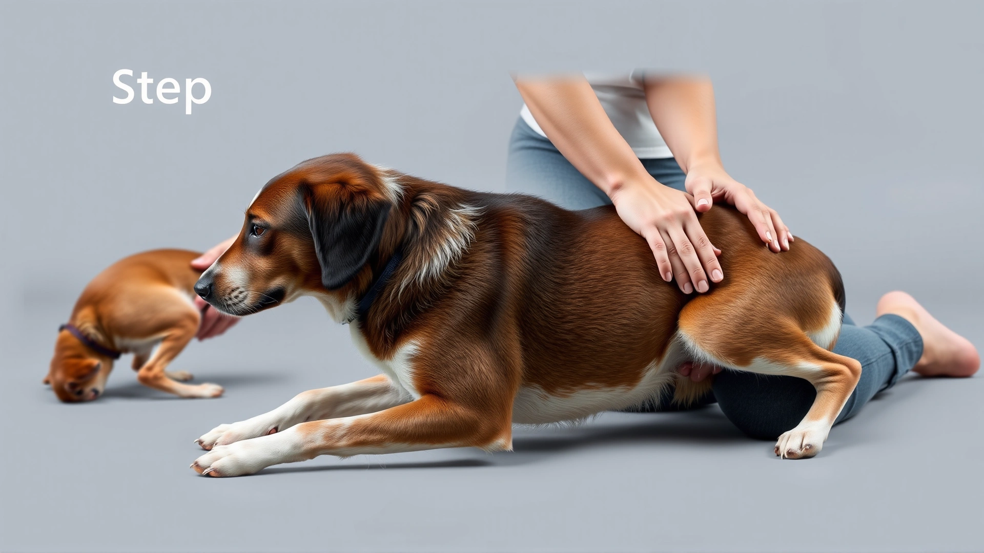 Step-by-step scene: a person kneeling beside their dog, starting belly rubs with gentle circular motions