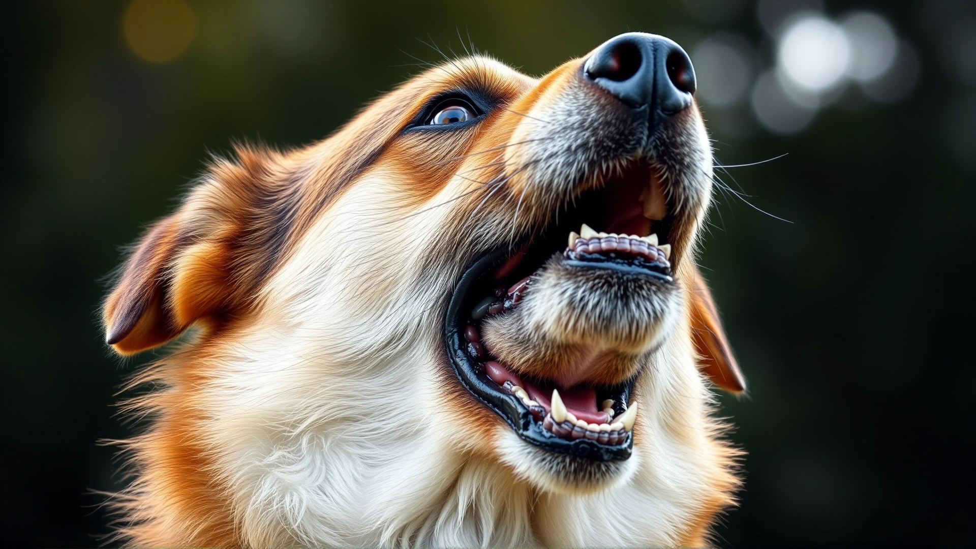 Close-up shot of a medium-sized dog with its mouth wide open while howling, blurred natural background, high detail on fur and eyes.
