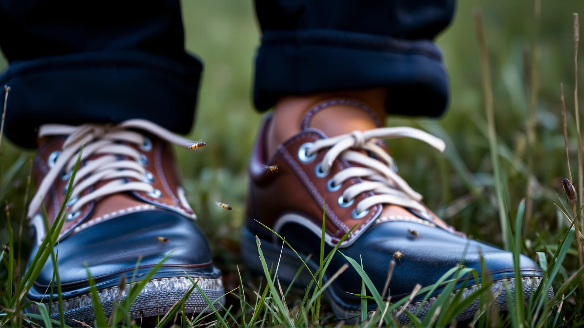 Close-up of a person's shoes and cuffs as they walk through grass, with tiny insects jumping near the fabric to symbolize fleas hitching a ride.