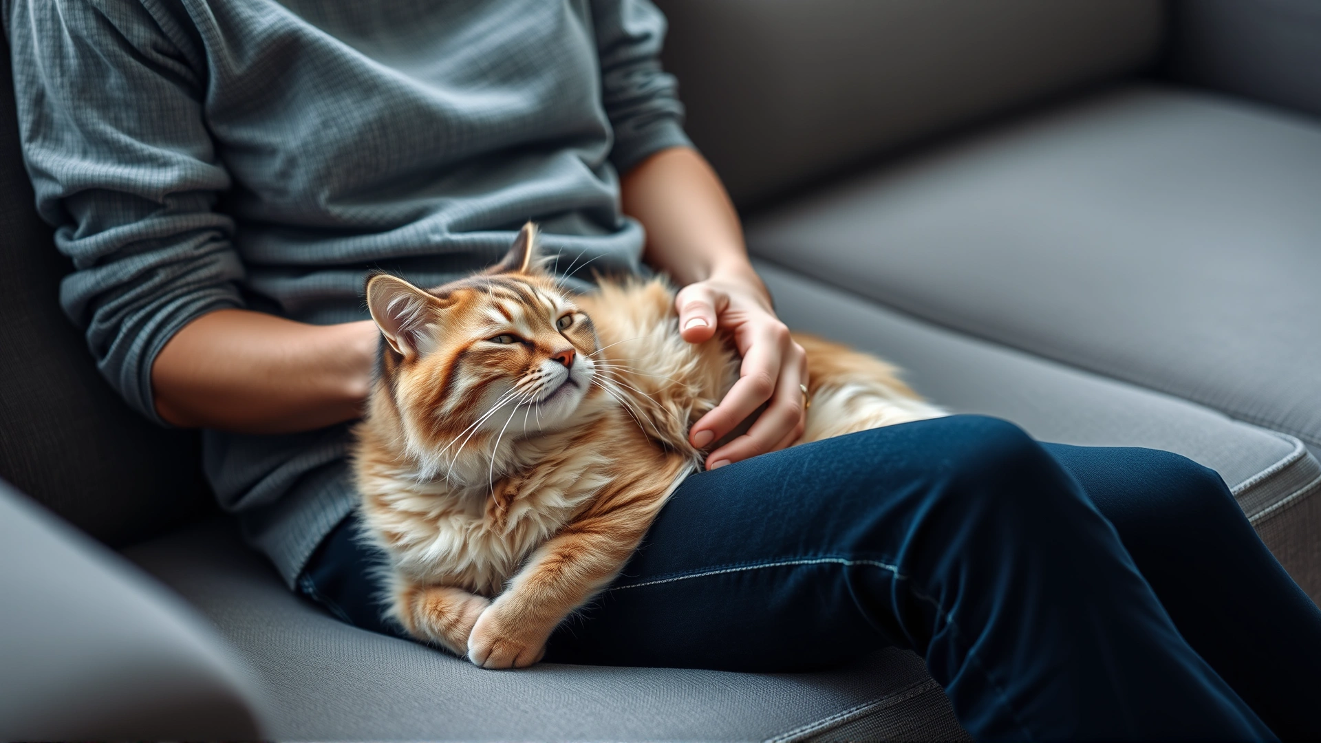 Person sitting on a sofa gently petting a content cat on their lap, showcasing the human-feline bond during purring.
