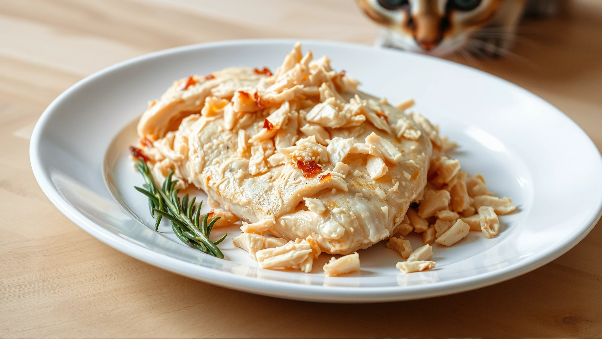 Cooked plain chicken breast shredded on a white plate with a curious cat sniffing nearby
