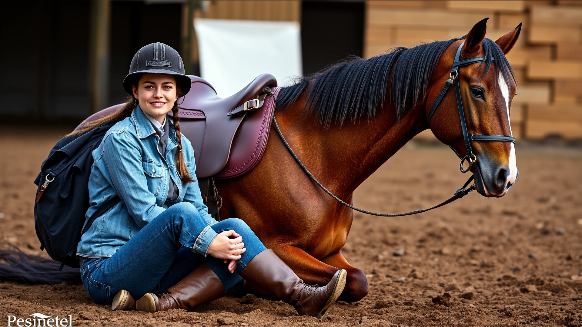 A rider sitting on the ground beside her saddled horse, both looking relaxed, symbolizing a strong human-horse bond.