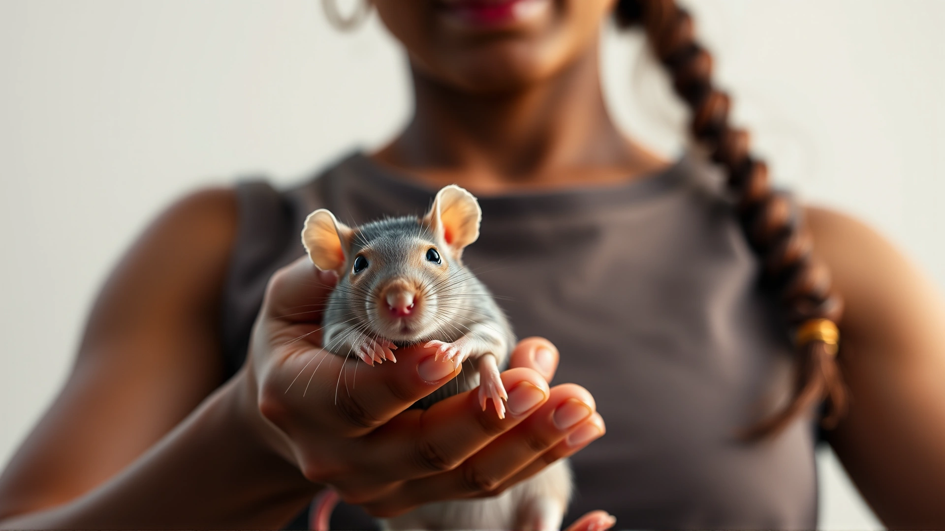 A person gently holding a curious rat with both hands, providing full body support; soft warm lighting and neutral background