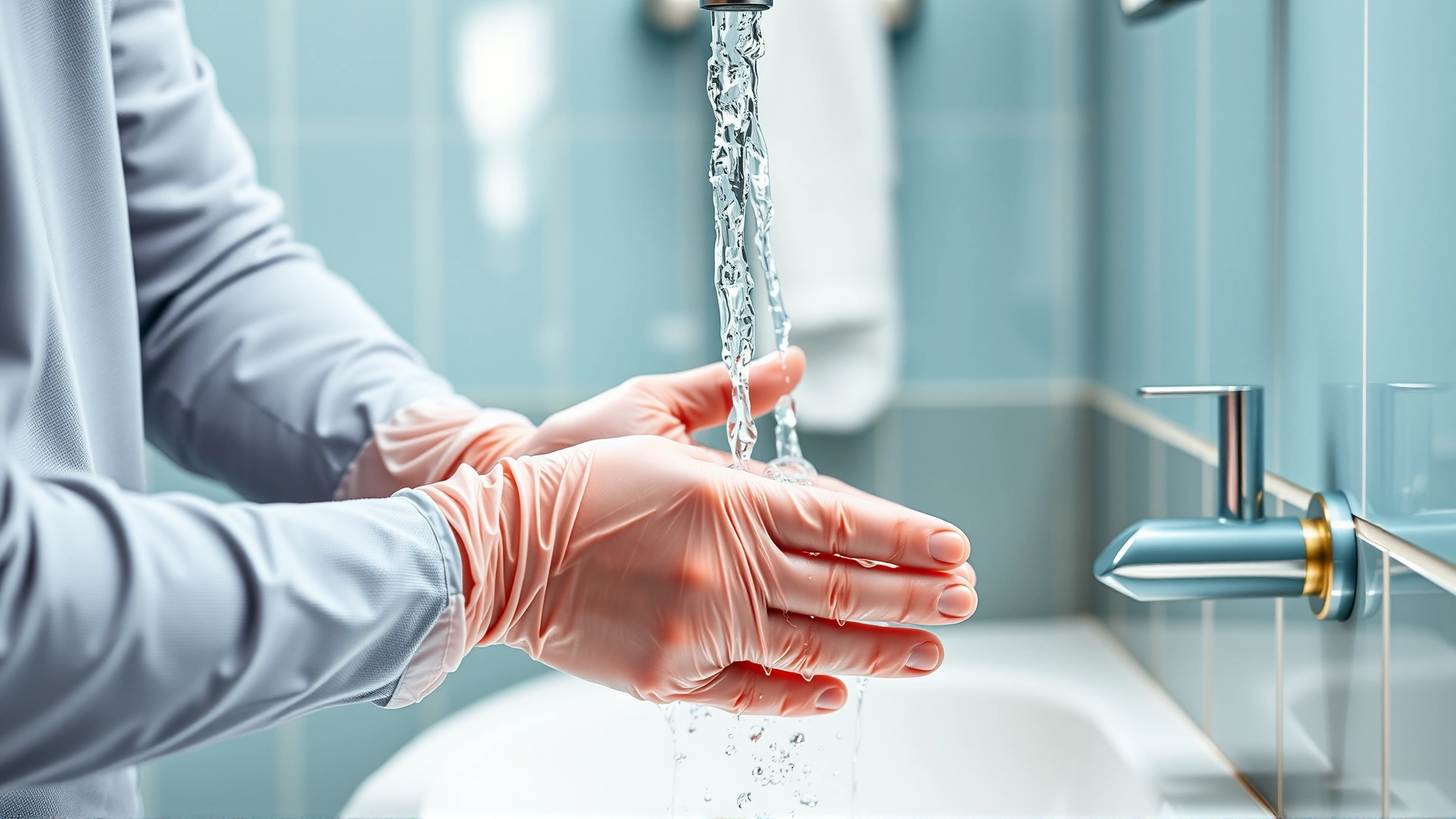 Person wearing disposable gloves washing hands under running water in a bright bathroom setting, emphasizing hygiene after handling pets, no text.