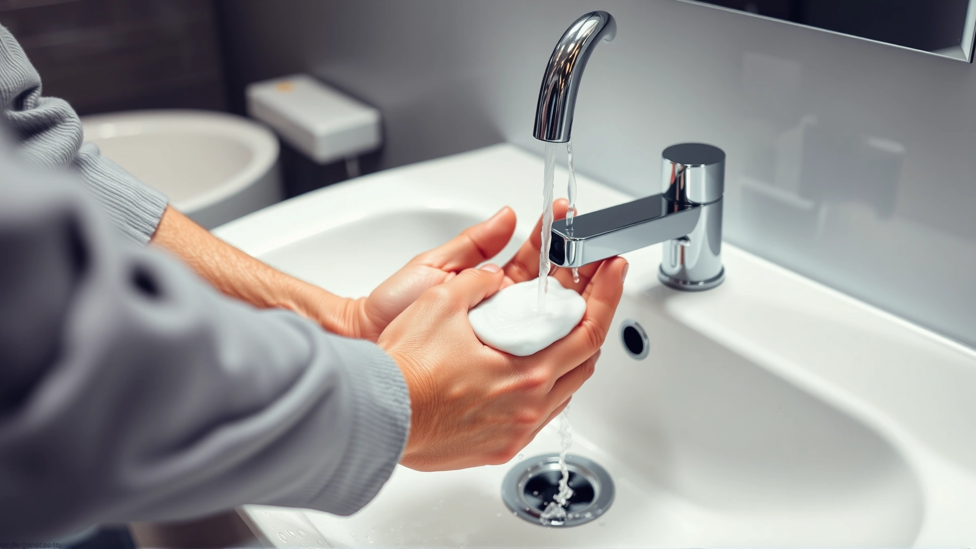 Adult gently washing hands with soap under running water in a modern bathroom sink, close-up shot, emphasizing hygiene, high resolution.