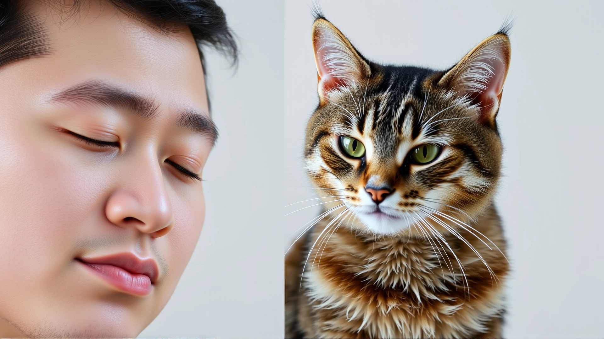 Side-by-side portrait showing a human face gently blinking on left and a domestic cat blinking on right, neutral soft background, no text