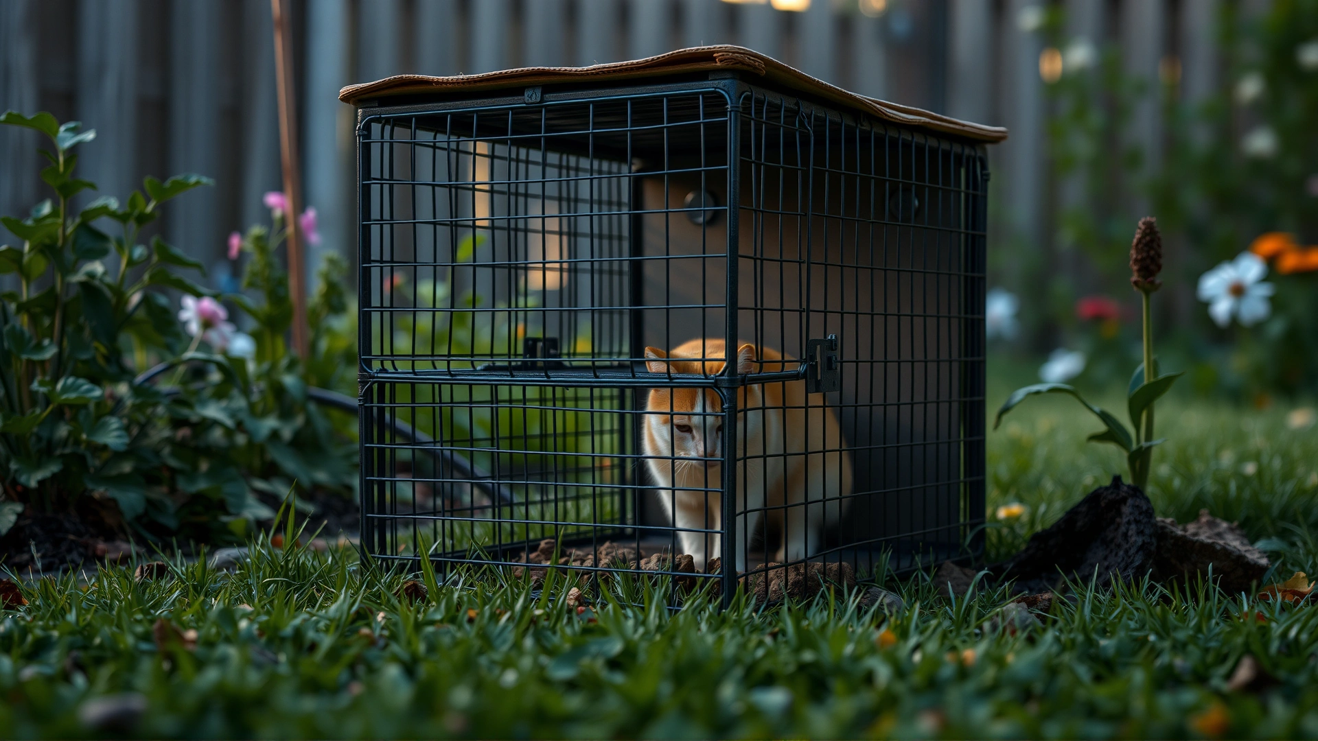 Humane cat trap set in a backyard garden, baited with wet food, soft evening light