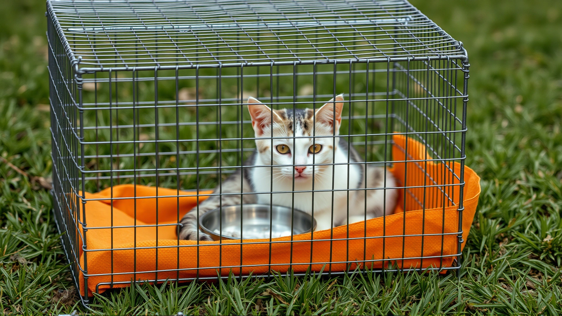 A humane wire cat trap containing a calm cat, placed on grassy ground with food bowl inside