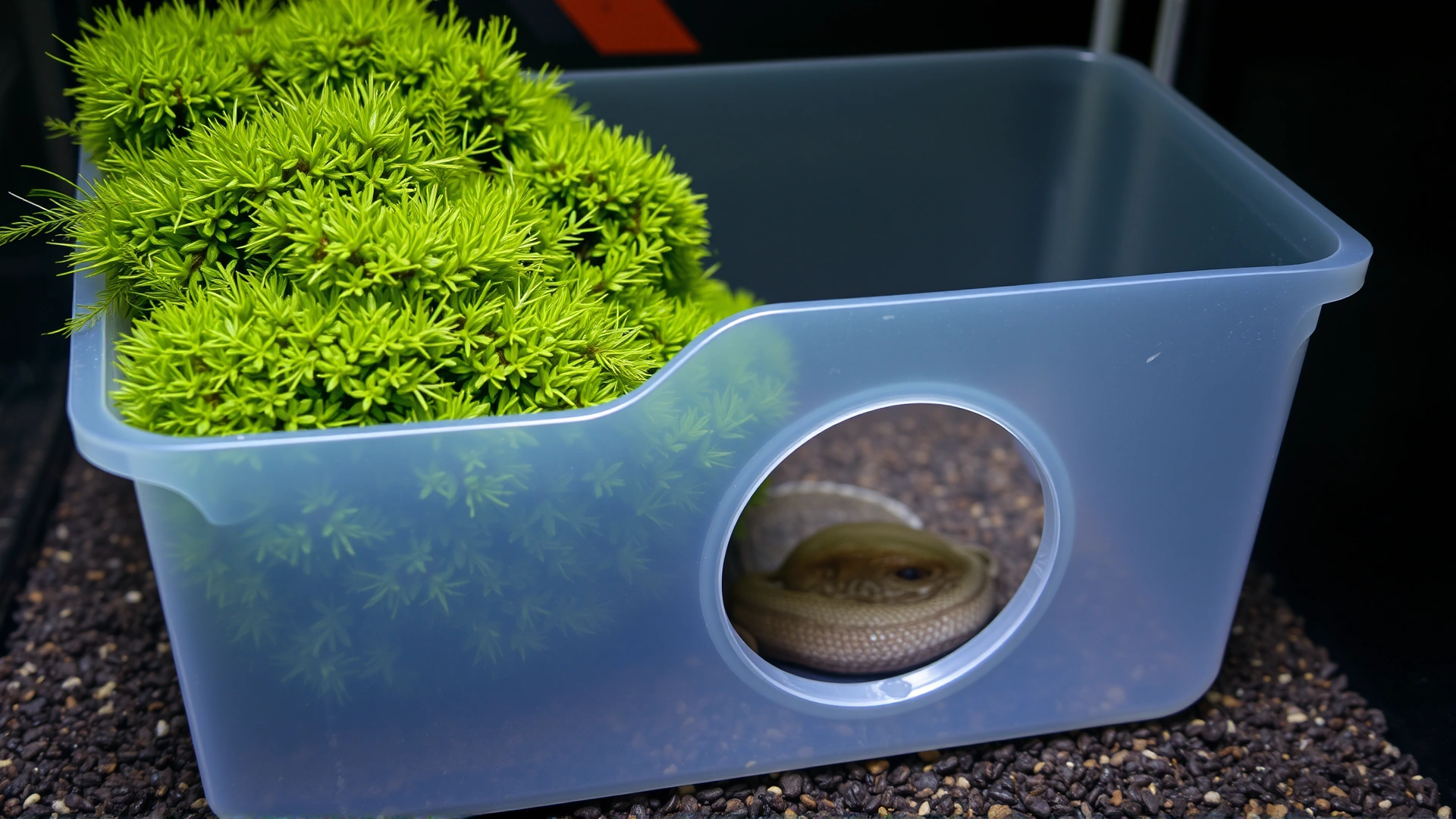 Photo of a homemade reptile humid hide: small plastic box with a cut entrance hole, filled with damp sphagnum moss, placed on reptile substrate, no text