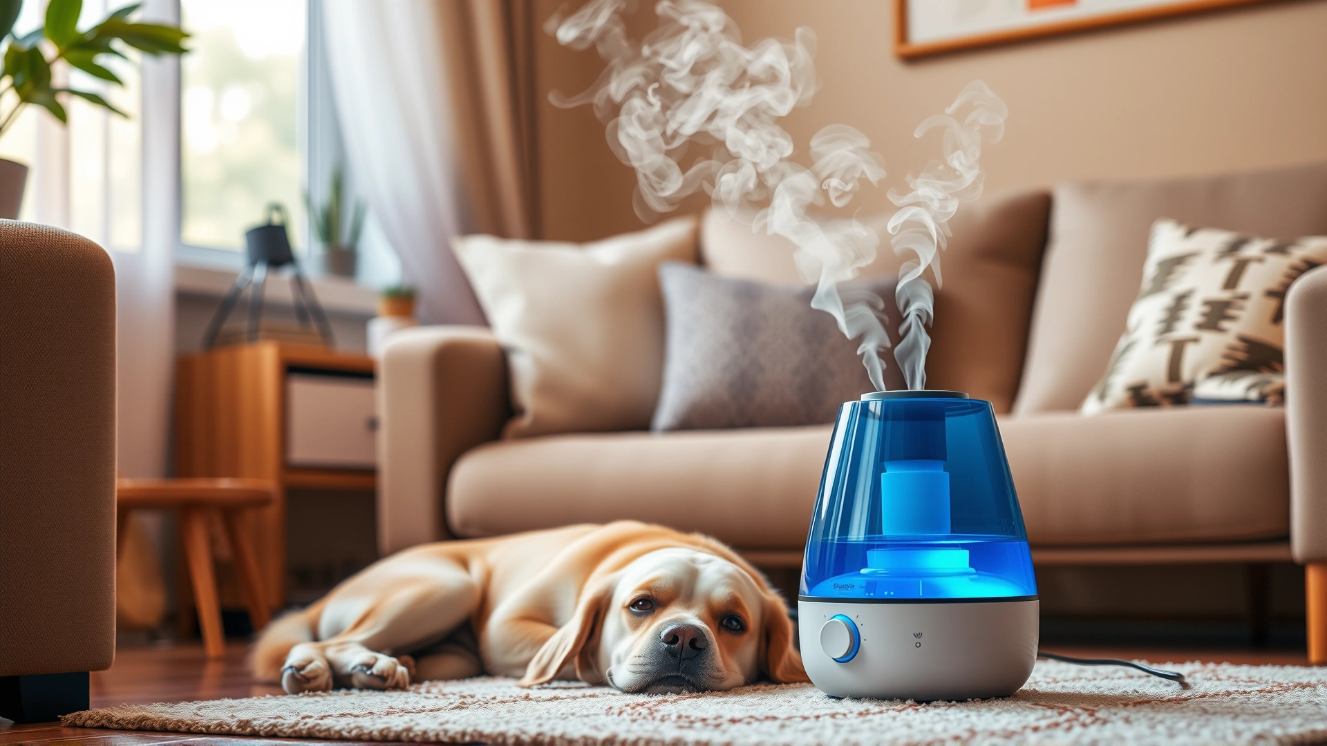 Cozy living room with a small humidifier releasing steam, a relaxed dog lying nearby, warm lighting.