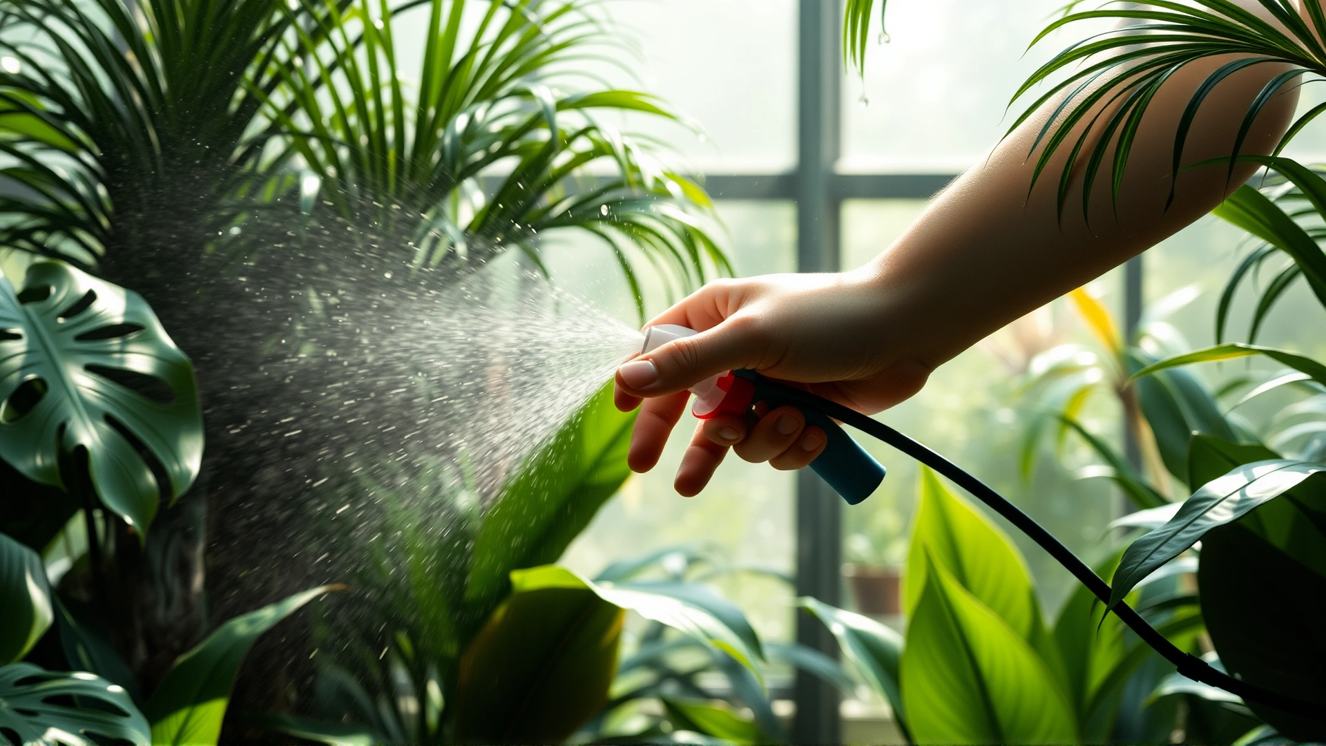 Hand spraying water mist inside a tropical terrarium filled with broad-leaf plants, droplets catching light for a fresh, humid look.
