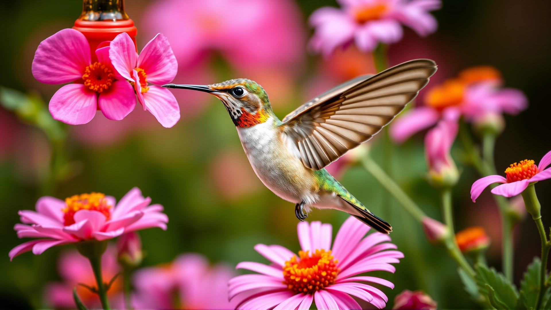 Hummingbird hovering in mid-air sipping nectar from a red feeder among vibrant garden flowers.