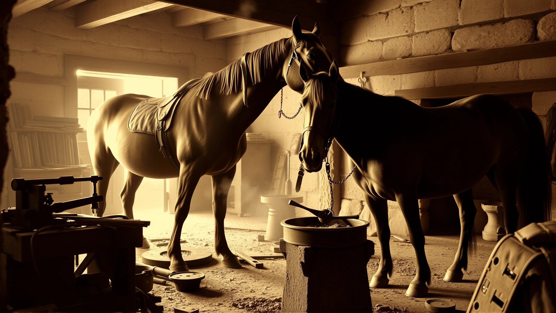 Historic blacksmith workshop scene with Hungarian Coldblood horses being shoed, sepia toned