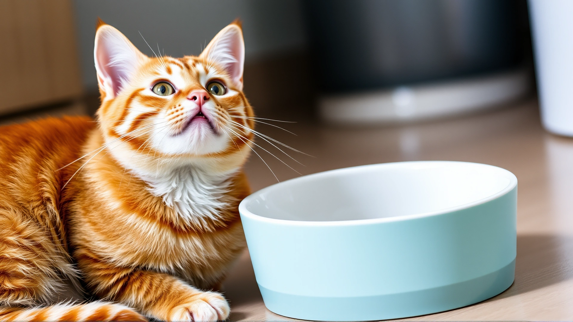 An orange tabby cat sitting beside an empty food bowl, looking up at its owner with a pleading expression.