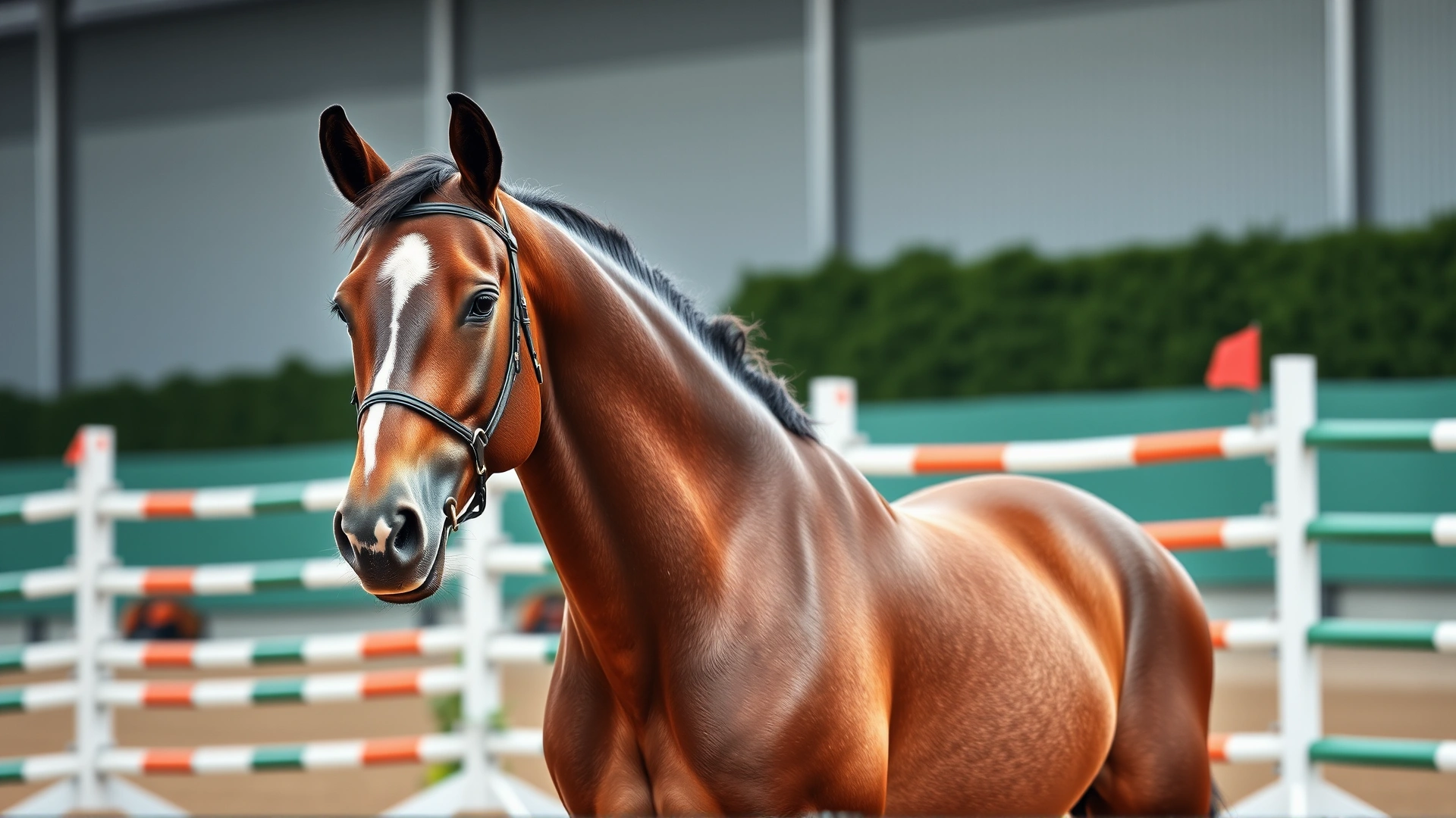 Well-groomed show horse with a hunter clip standing in front of jumping arena fences