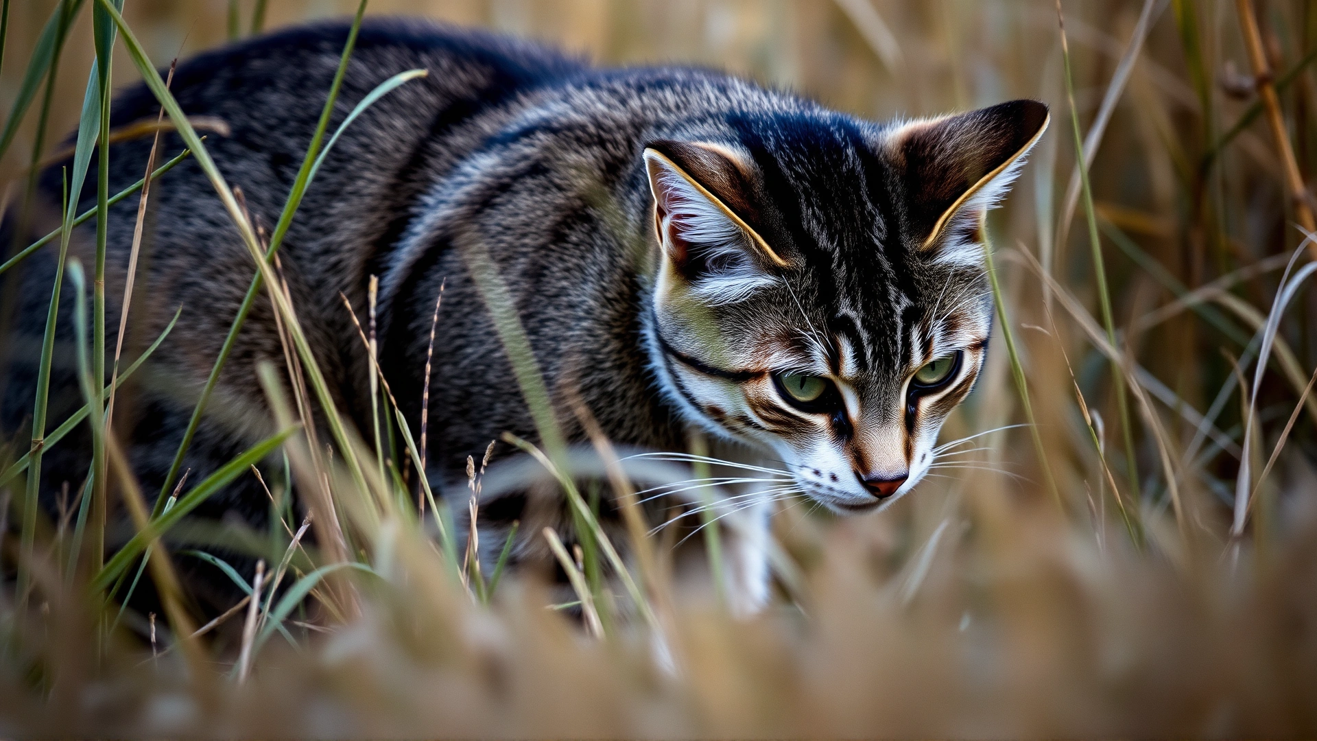 Outdoor cat crouching in tall grass, focused on unseen prey, conveying natural hunting instinct.