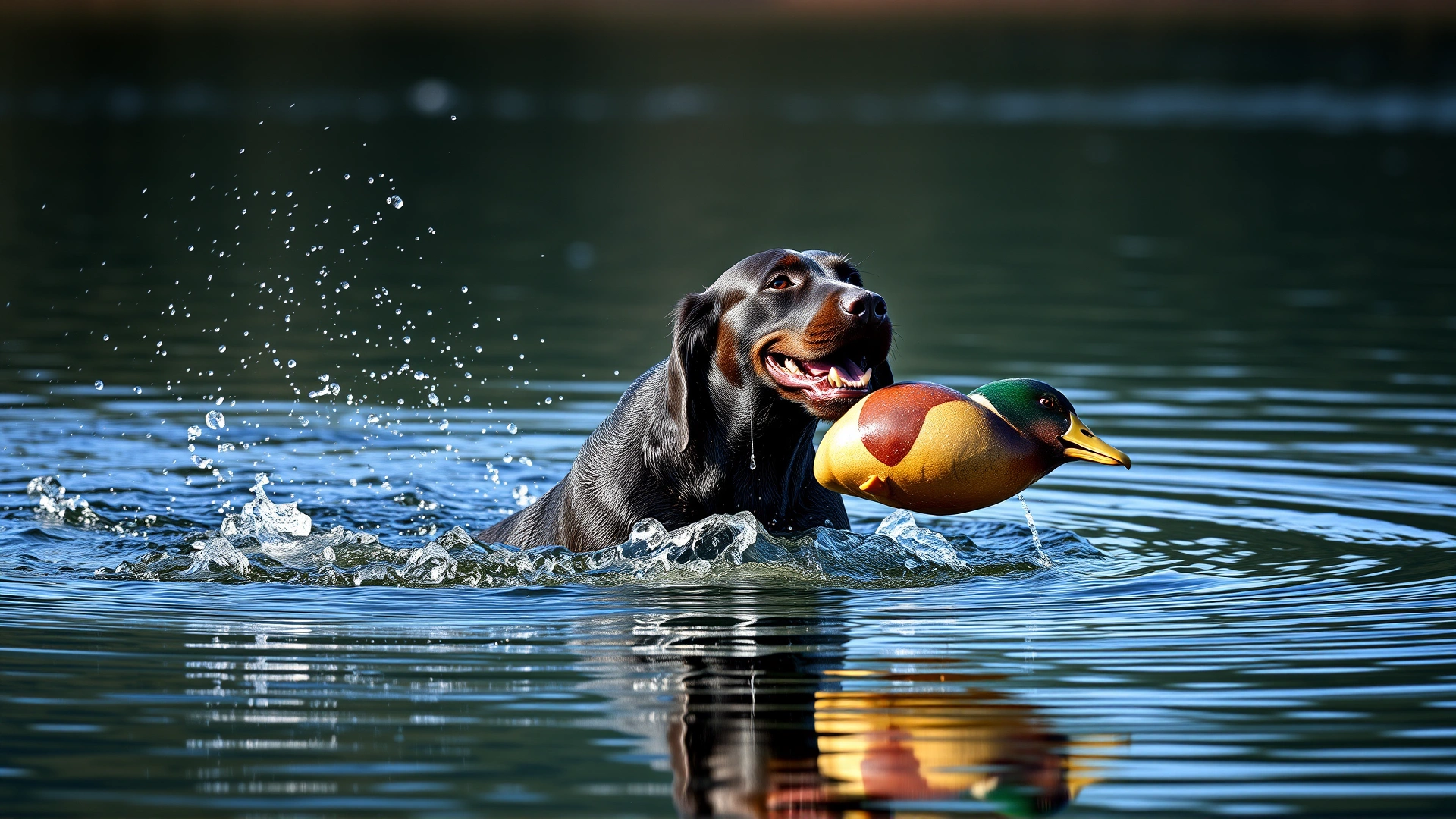 Pudelpointer emerging from a lake with a retrieved duck in its mouth, water droplets flying off its coat