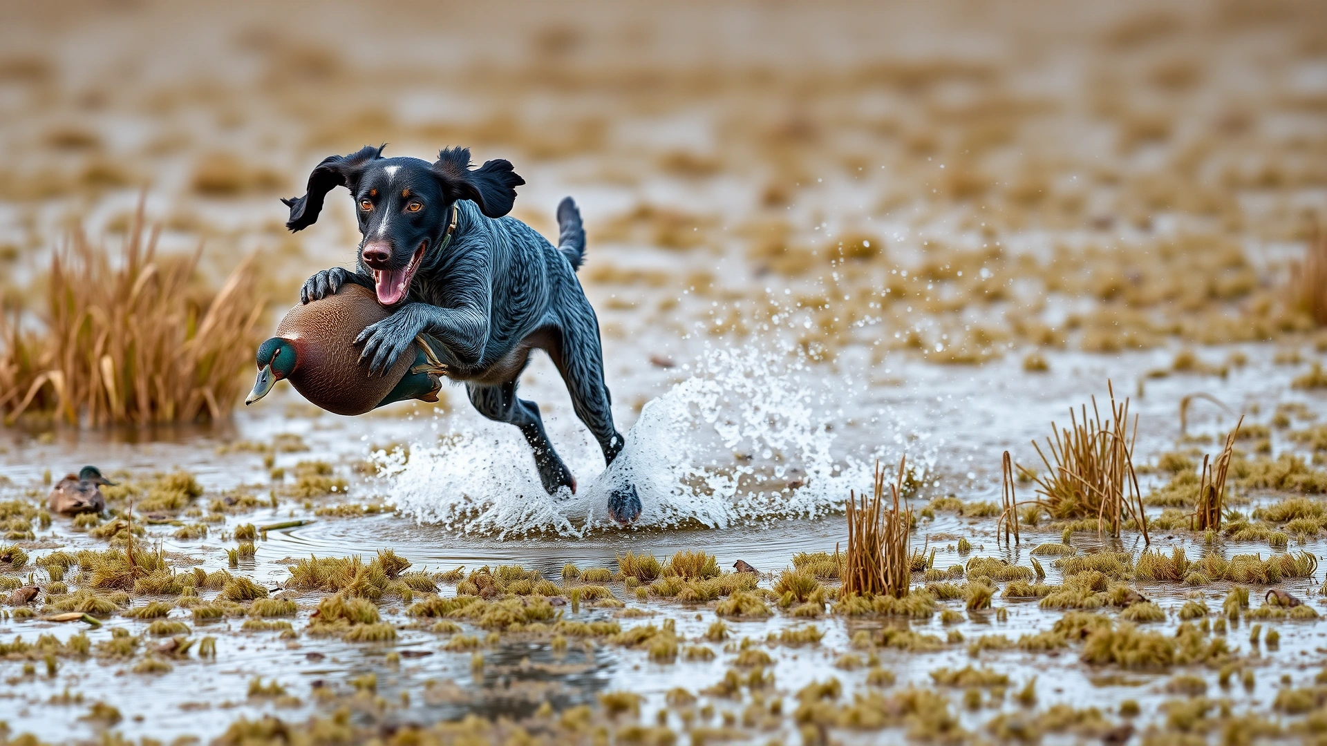 German Wirehaired Pointer leaping through a marshy wetland while retrieving a duck, water droplets frozen mid-air, dynamic action shot.