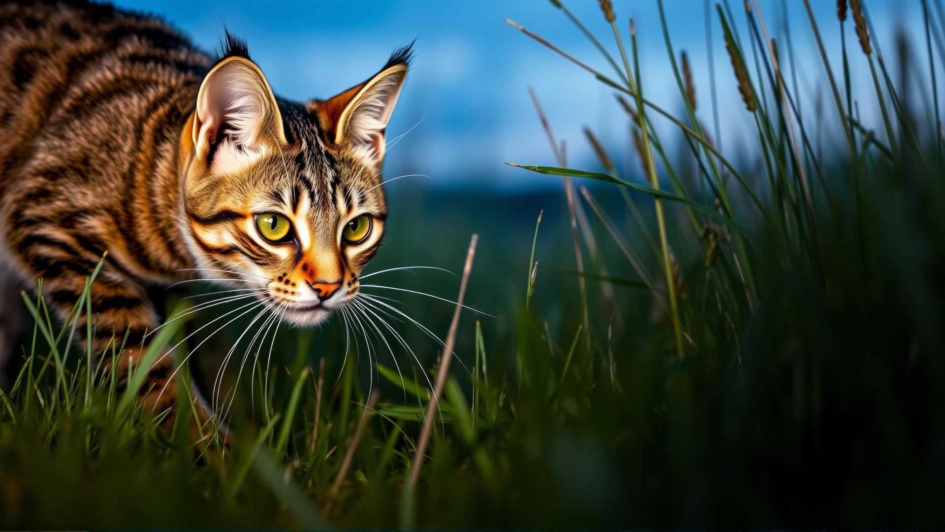 Action shot of a tabby cat crouching in tall grass at dusk with whiskers pushed forward in hunting posture