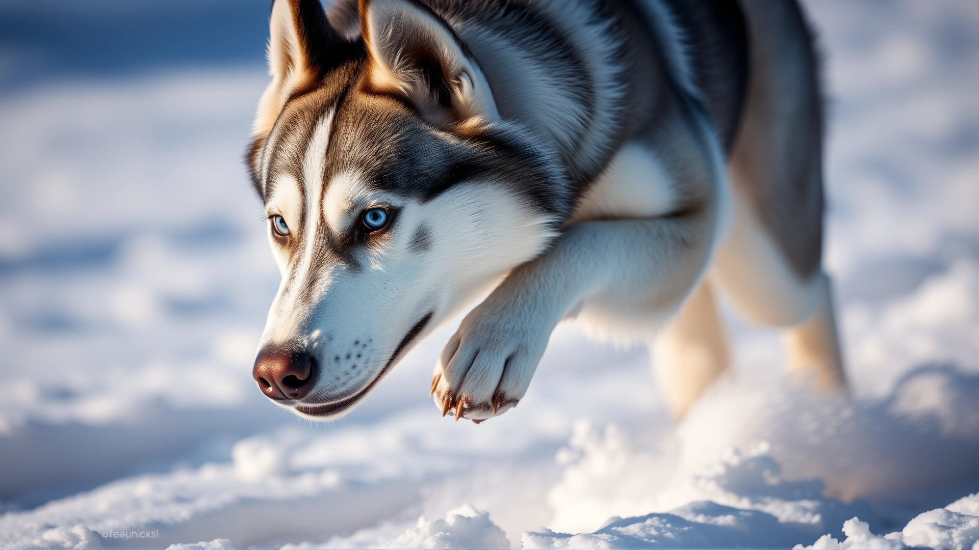 Close-up side profile of a Siberian Husky mid-sprint, snow kicking up around its paws. Blue eyes sharply in focus.