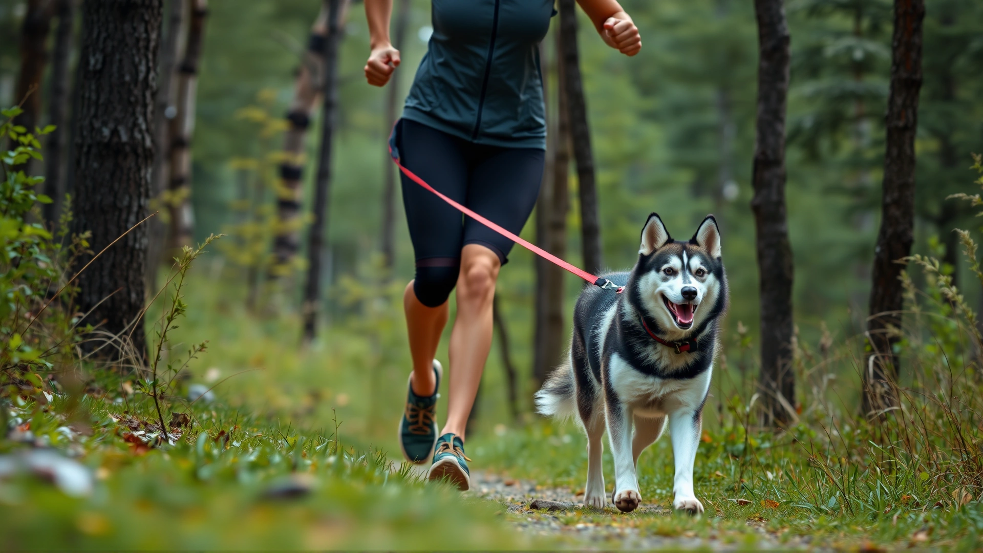 An athletic person jogging through a forest trail with a Siberian Husky on a leash, both mid-stride and energetic.