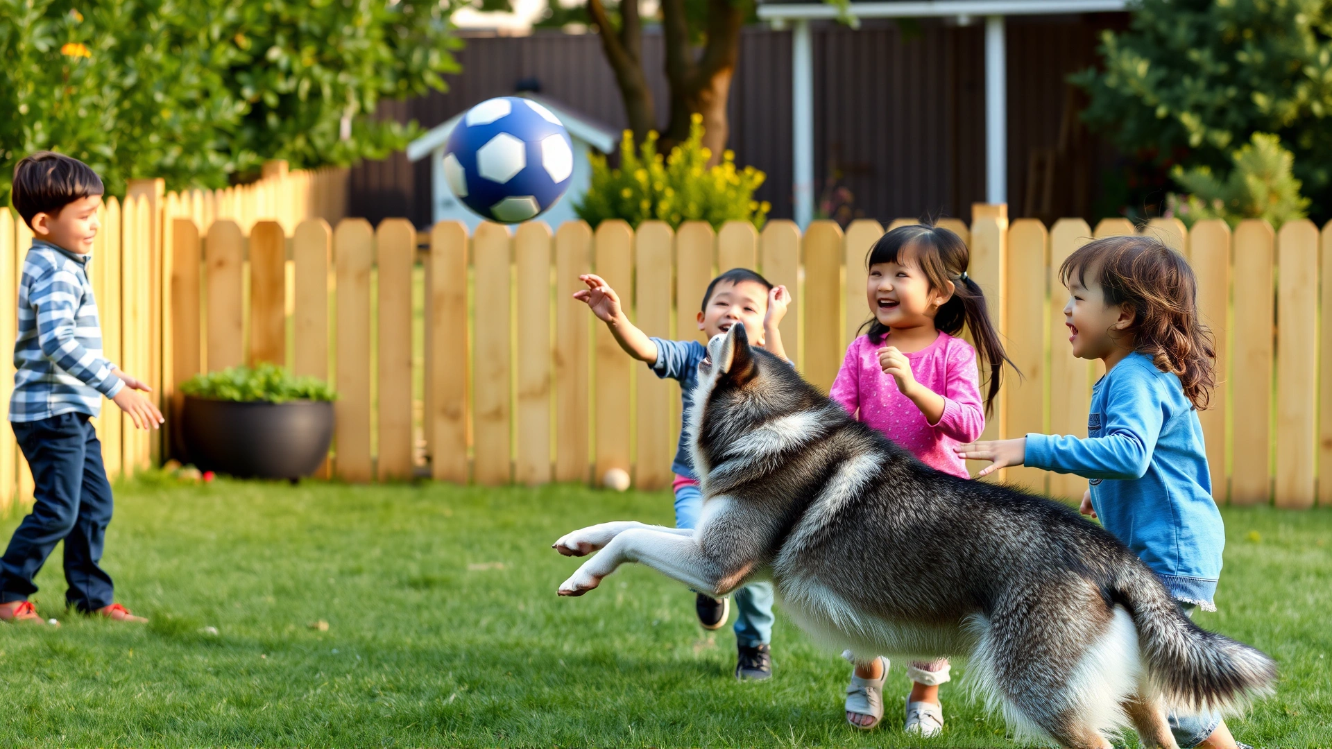 A cheerful family playing in a fenced backyard with a Siberian Husky, kids throwing a ball while the dog leaps mid-air to catch it.