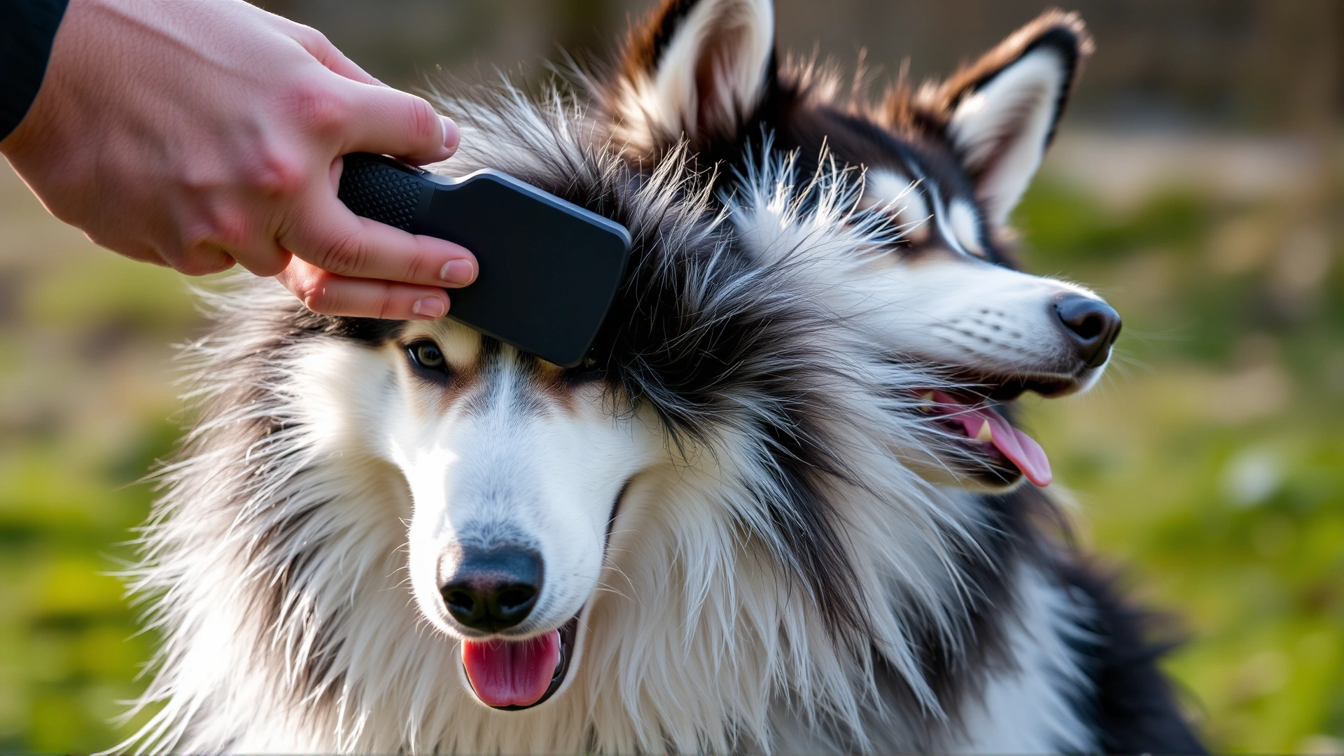 Hands of a person brushing a Siberian Husky’s thick coat outdoors during spring shedding season; fur flying off the brush.