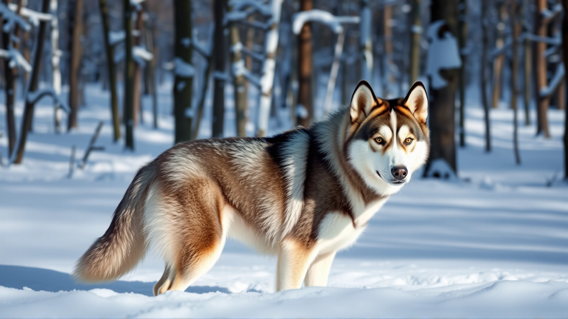 Siberian Husky with thick fur standing proudly in deep snow without any clothing, snowy forest background