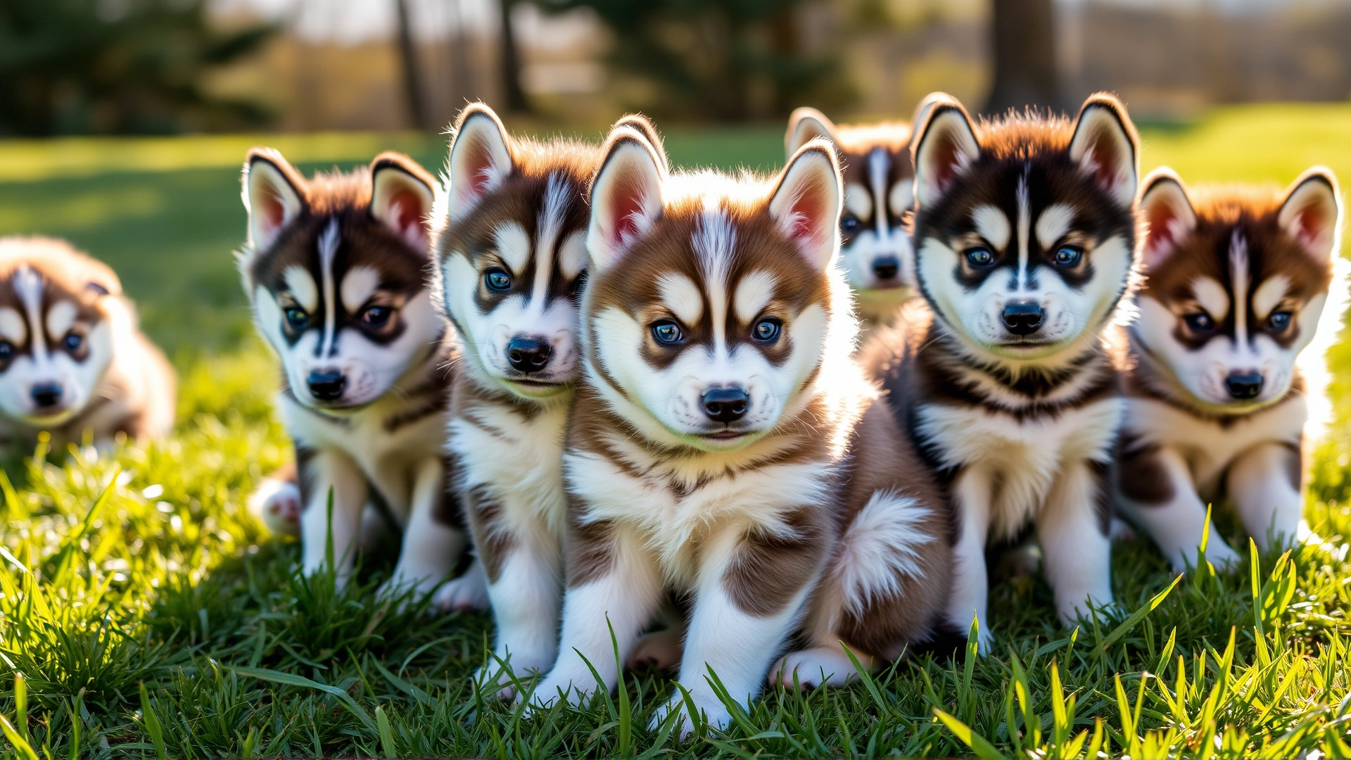 A group of fluffy Siberian Husky puppies sitting on green grass under warm sunlight, some with blue eyes looking at the camera.