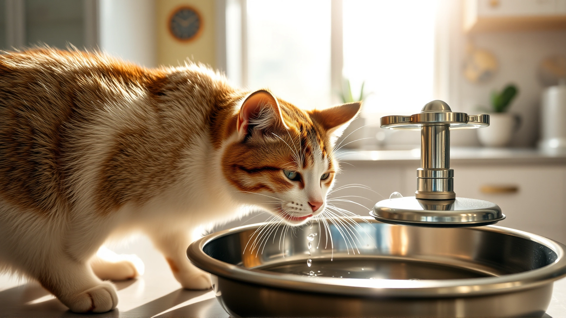 Cat drinking fresh water from a stainless steel fountain bowl in a sunlit kitchen.