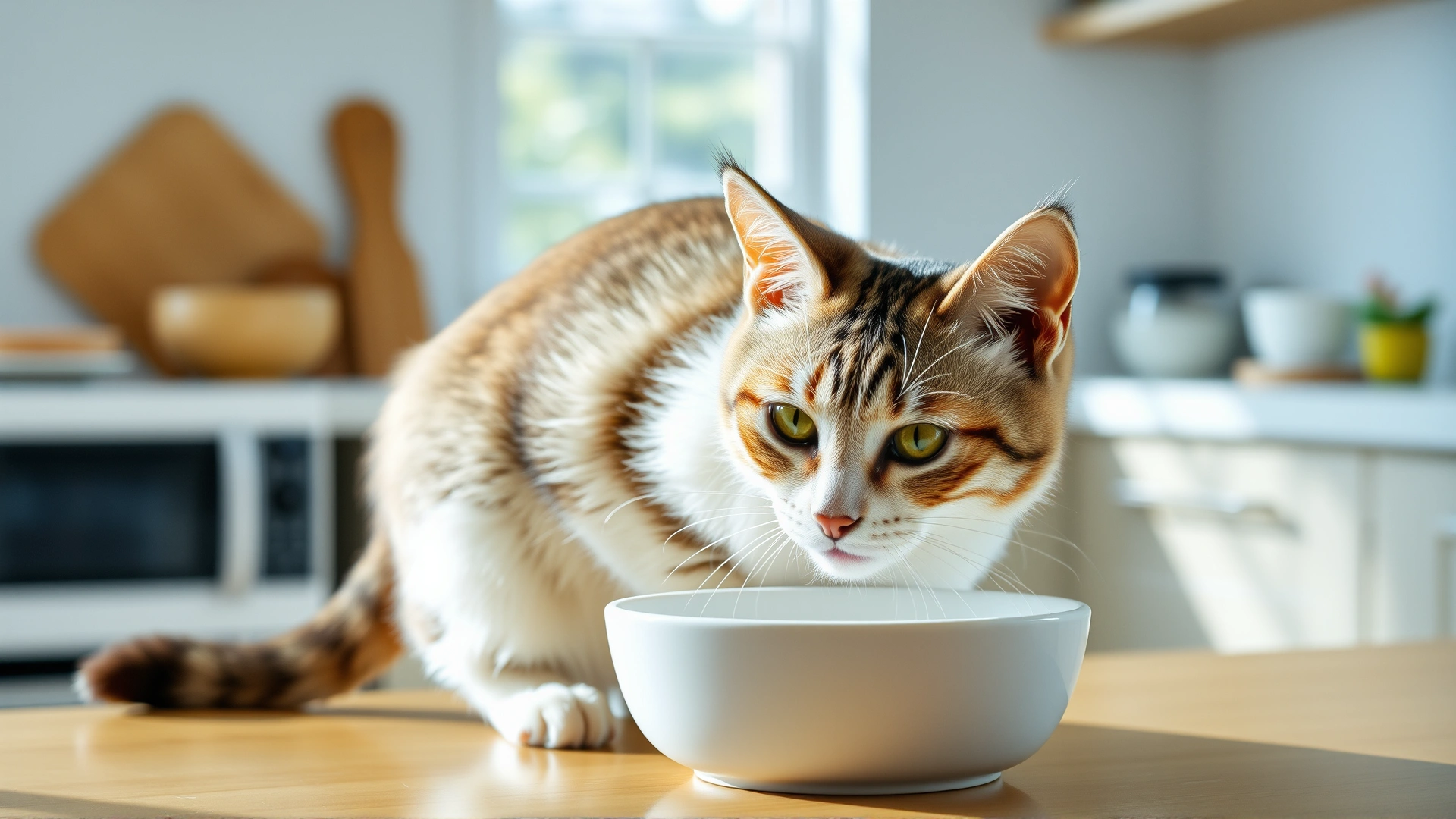 Happy domestic shorthair cat drinking fresh water from a ceramic bowl in a bright kitchen environment, natural light