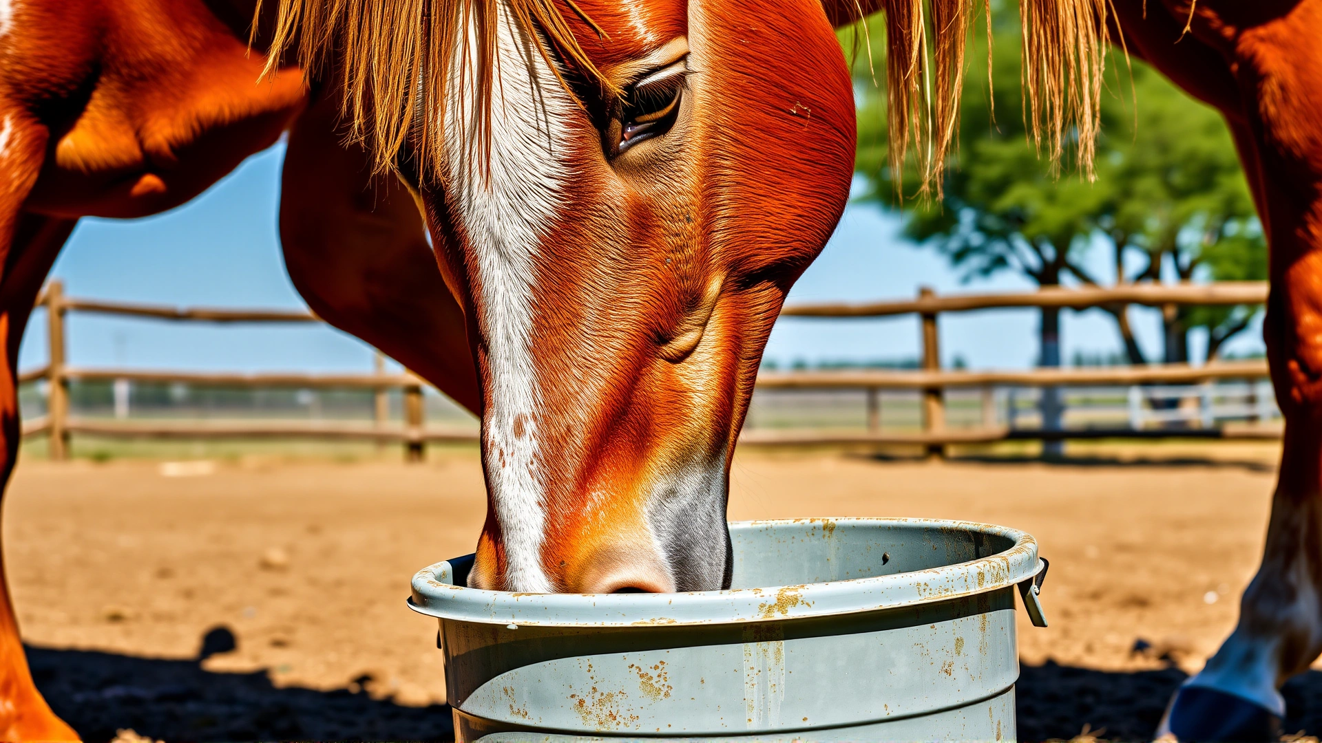 Close-up of a chestnut horse lowering its head to drink clear water from a rubber bucket in a sunny paddock