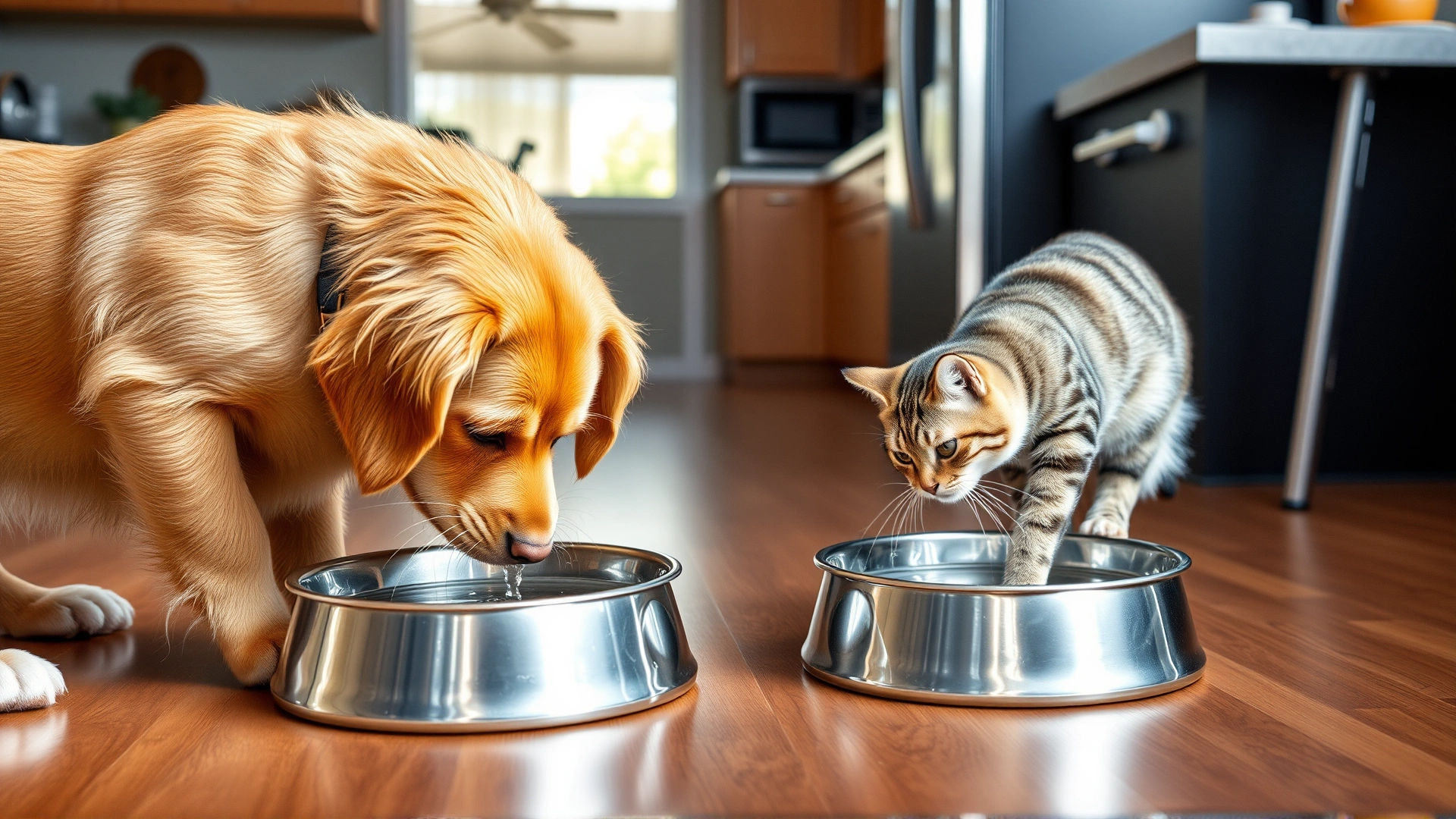 Dog and cat each drinking fresh water from separate stainless steel bowls in a cozy kitchen, hardwood floor, natural light