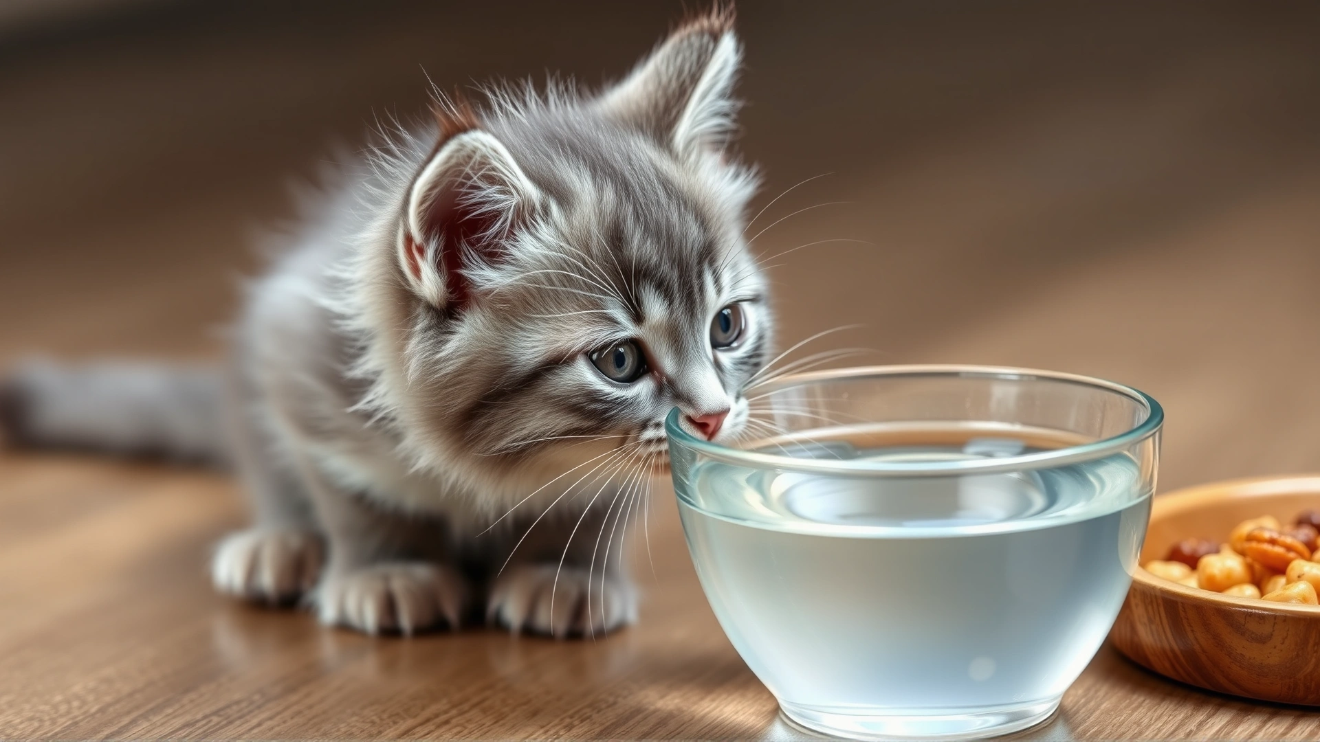 Grey kitten drinking fresh water from a glass bowl beside its food dish