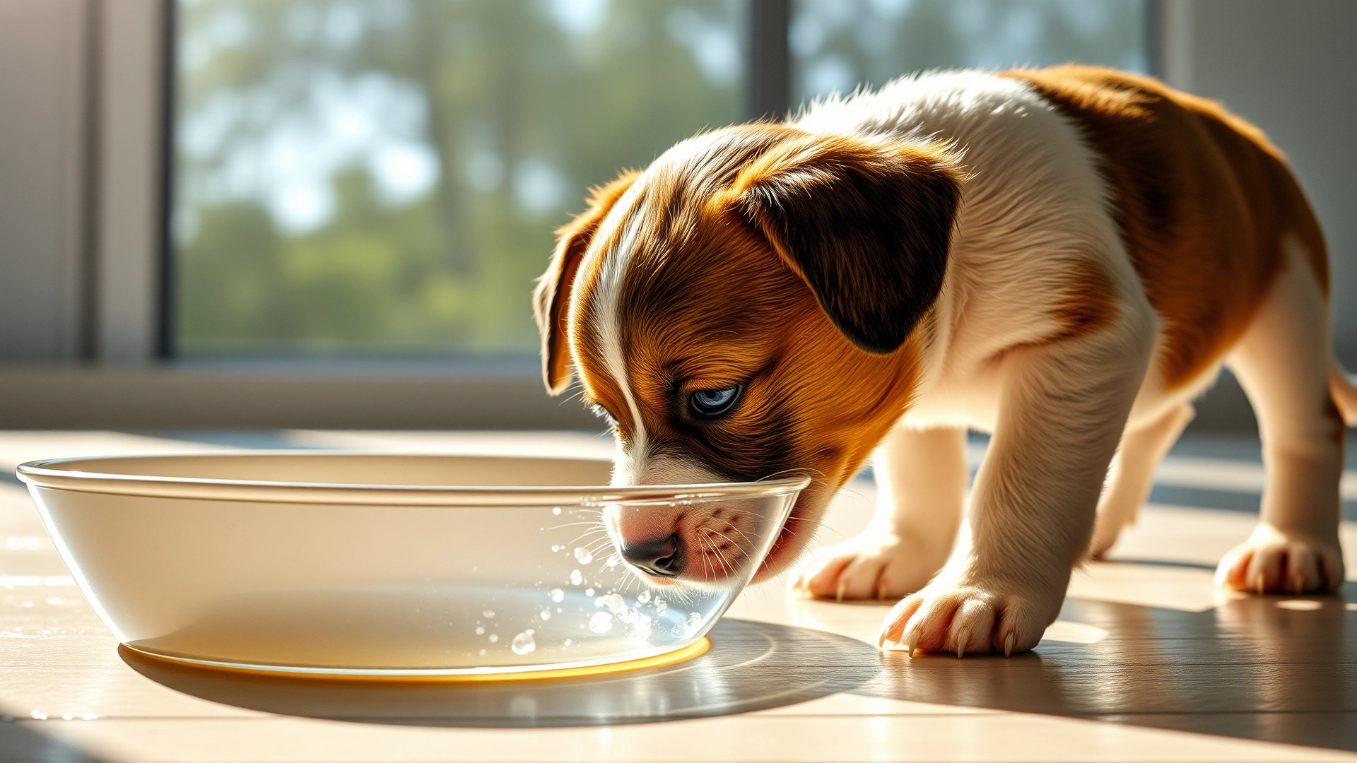 Puppy lapping fresh water from a clean bowl, sunlight coming through window