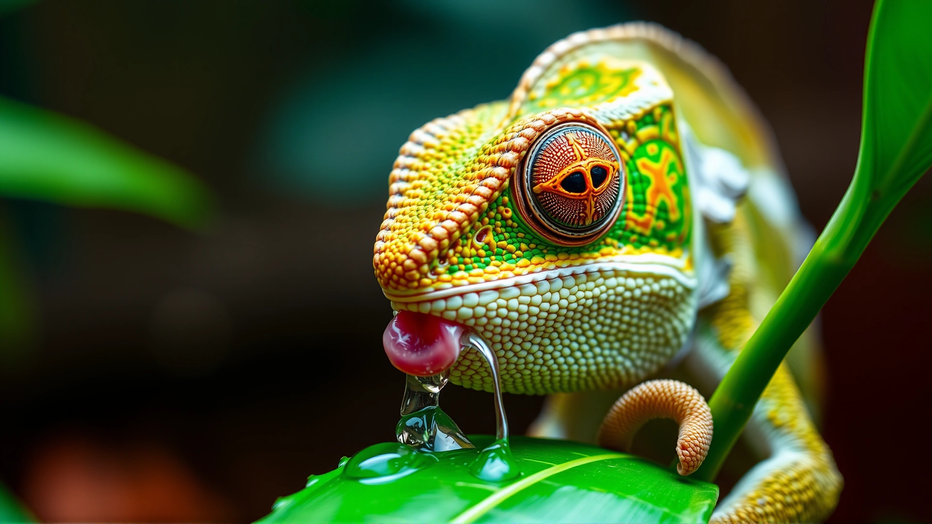 Macro shot of a chameleon licking water droplets from a green leaf inside a humid enclosure.