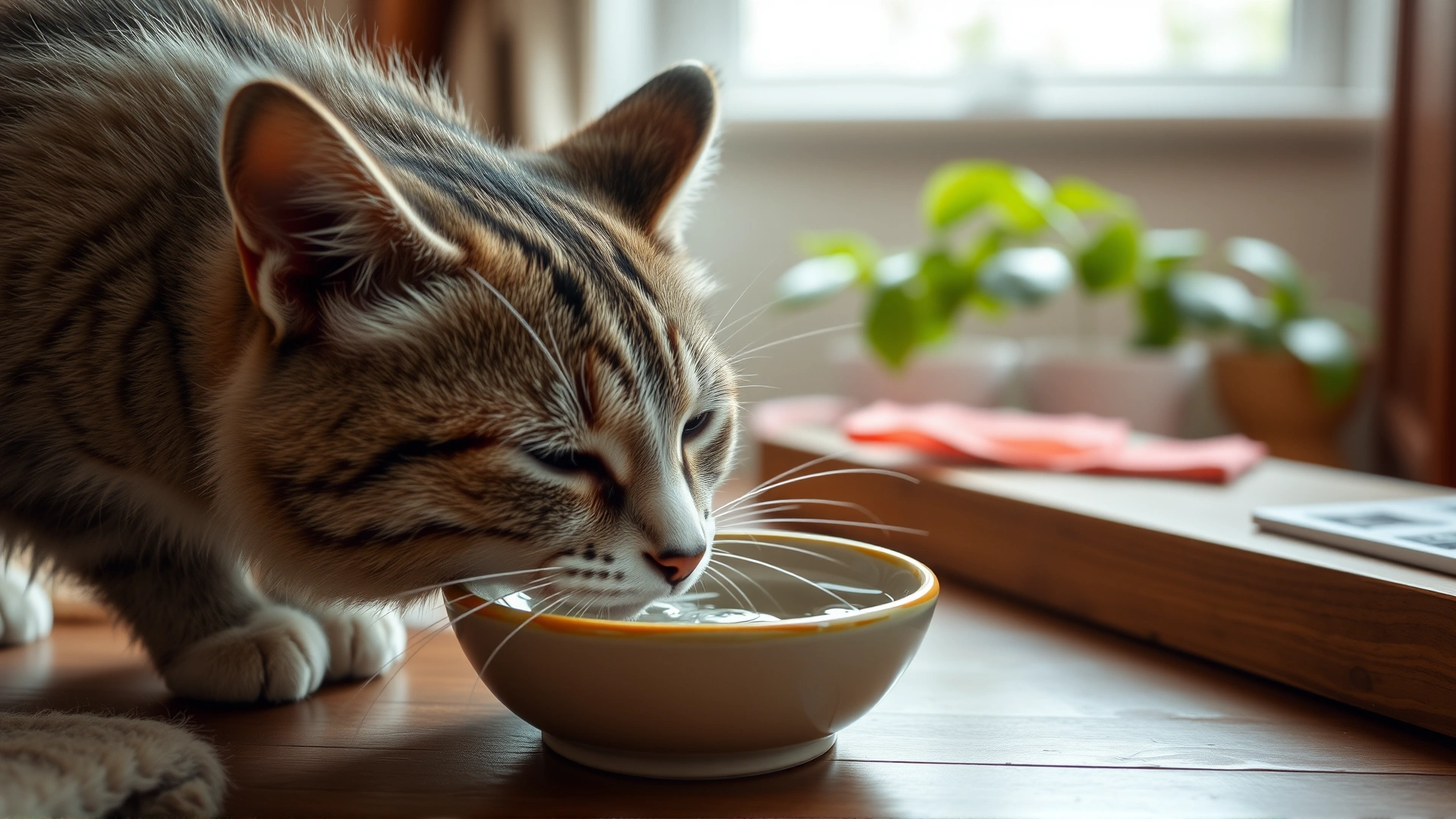Close-up of a cat drinking fresh water from a ceramic bowl in a cozy home environment with soft lighting.