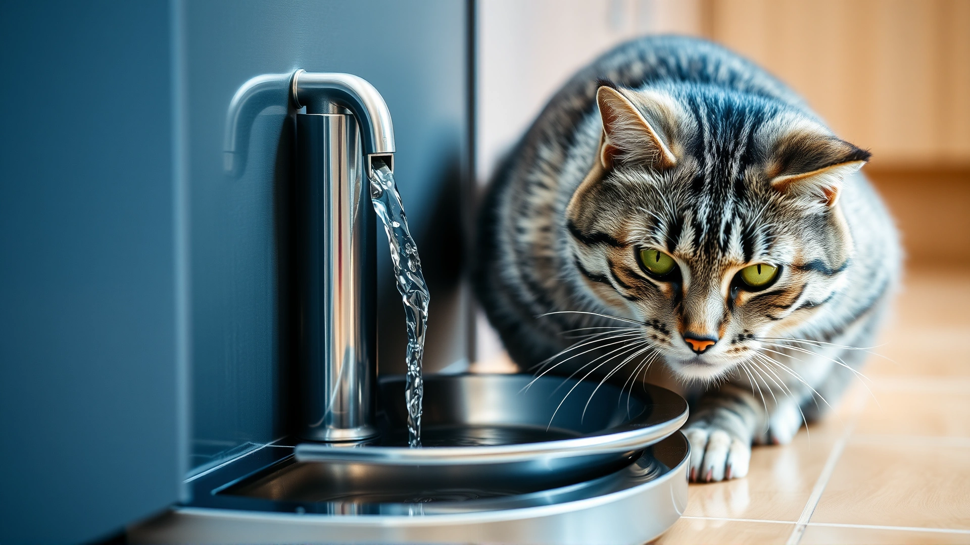 Grey tabby cat drinking fresh water from a stainless-steel fountain on a kitchen floor, water softly flowing.