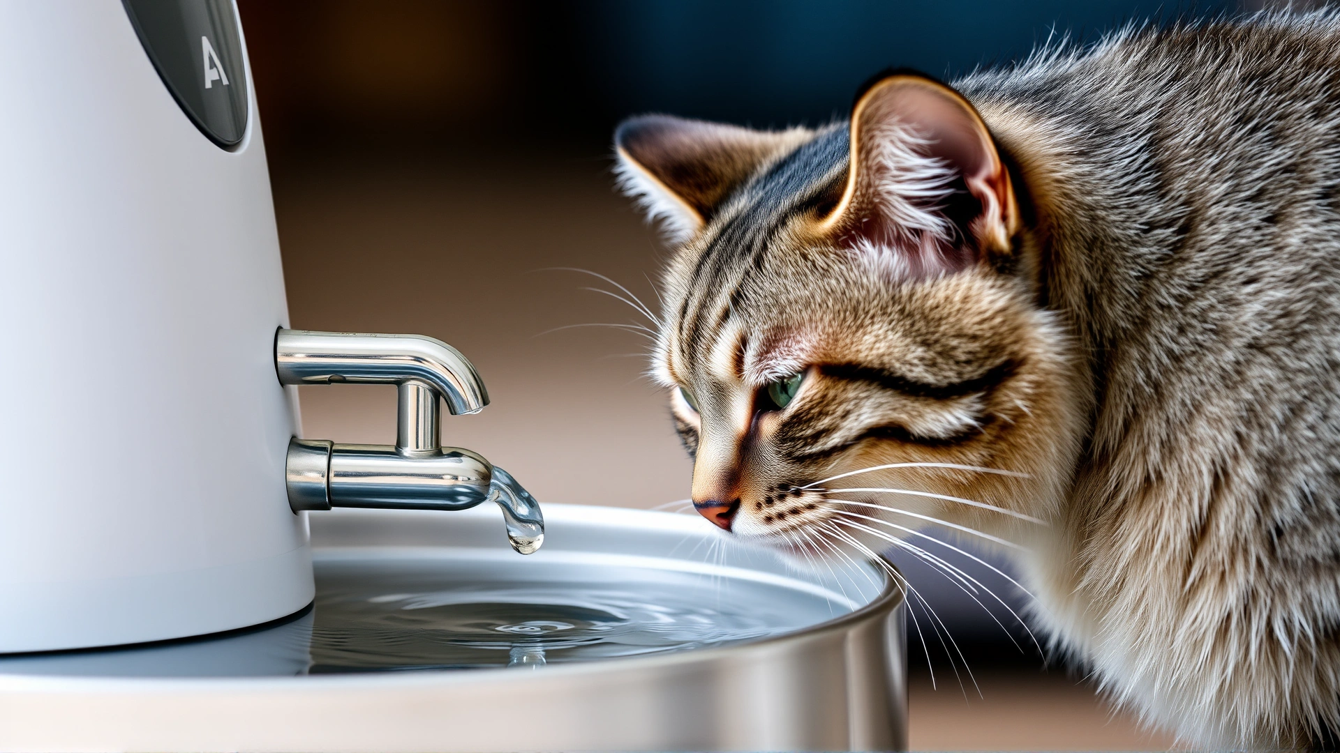 Close-up of a grey tabby cat drinking fresh water from a modern pet fountain to illustrate hydration needs.