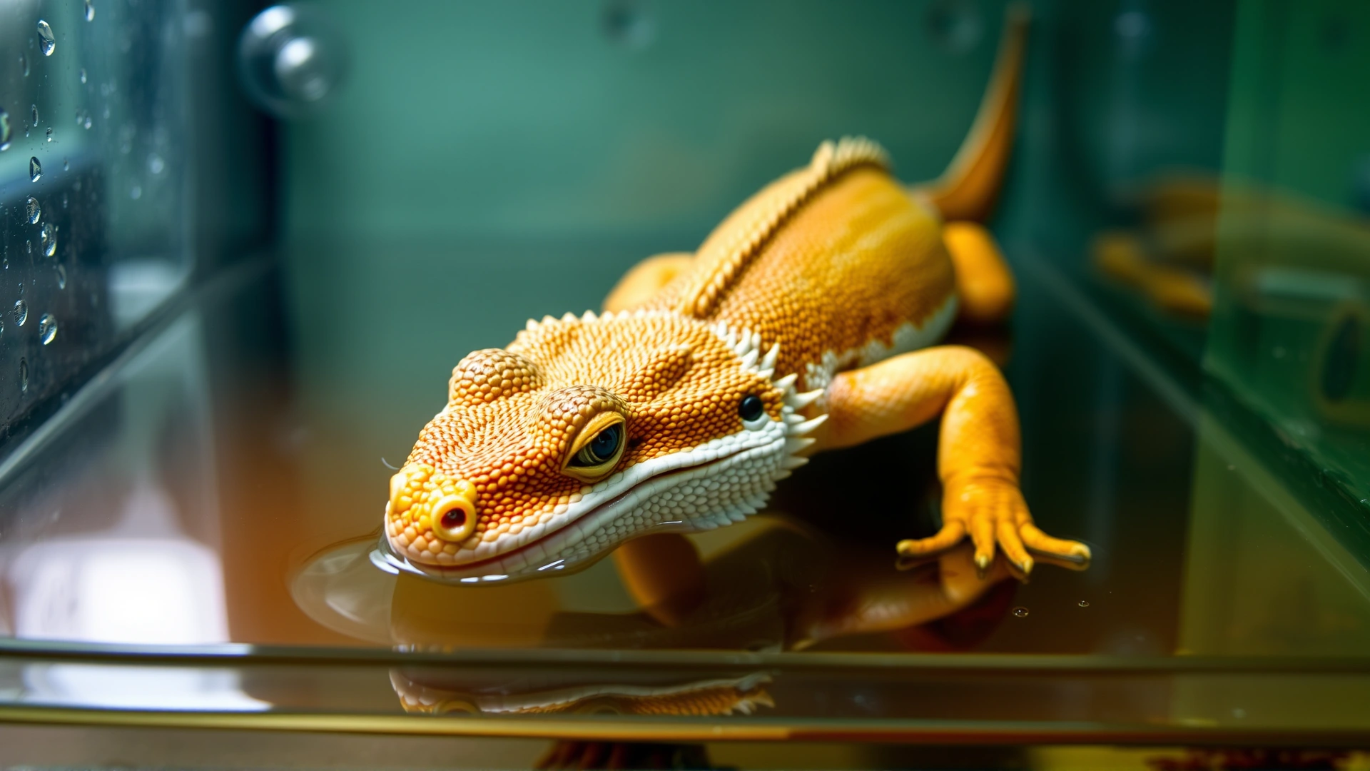 Chinese water dragon partially submerged and drinking from a clean, shallow water dish inside its enclosure, with visible condensation on the glass to hint at high humidity. No text.