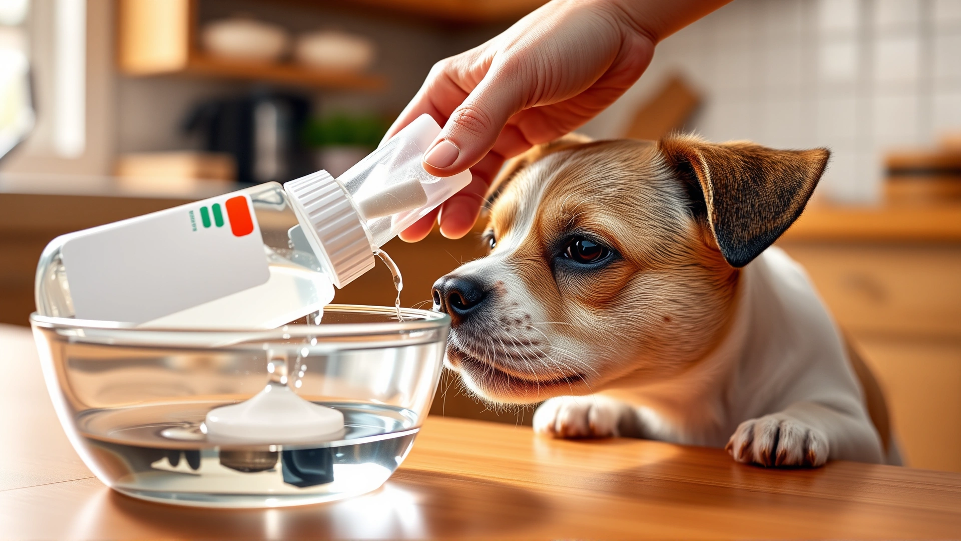 Human hand pouring electrolyte solution into a water bowl while a thirsty puppy watches, kitchen background, warm lighting