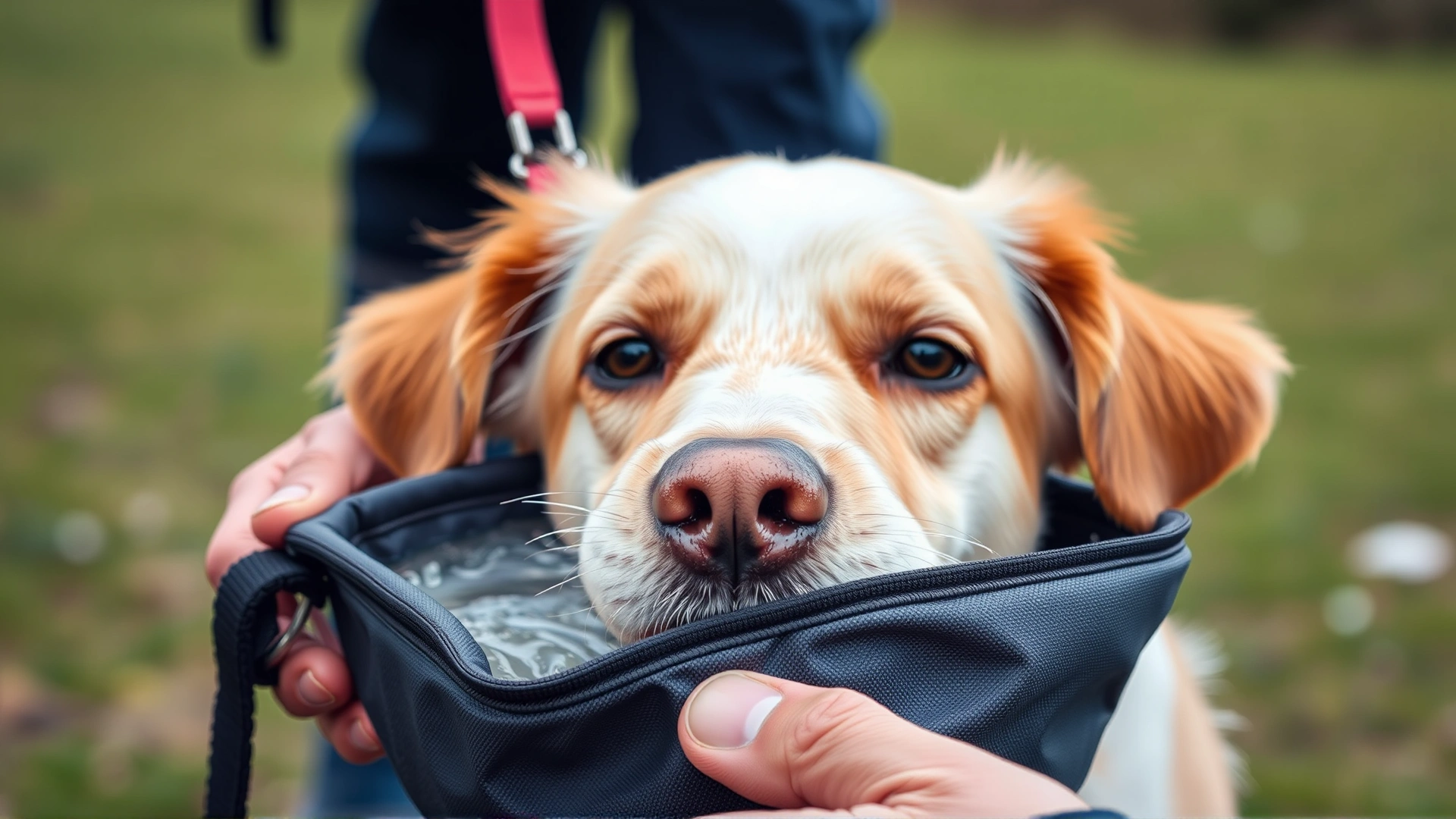 Close-up of a dog drinking water from a foldable travel bowl held by its owner