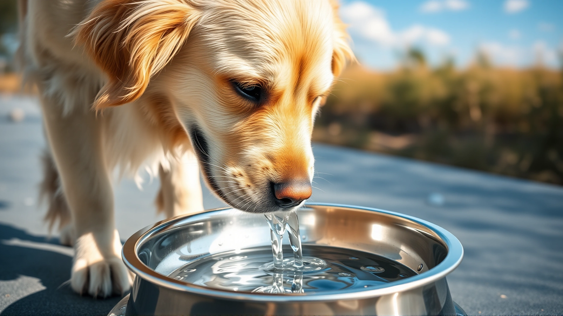 Golden retriever drinking fresh water from a clean stainless-steel bowl outside on a sunny day, clear sky in background.