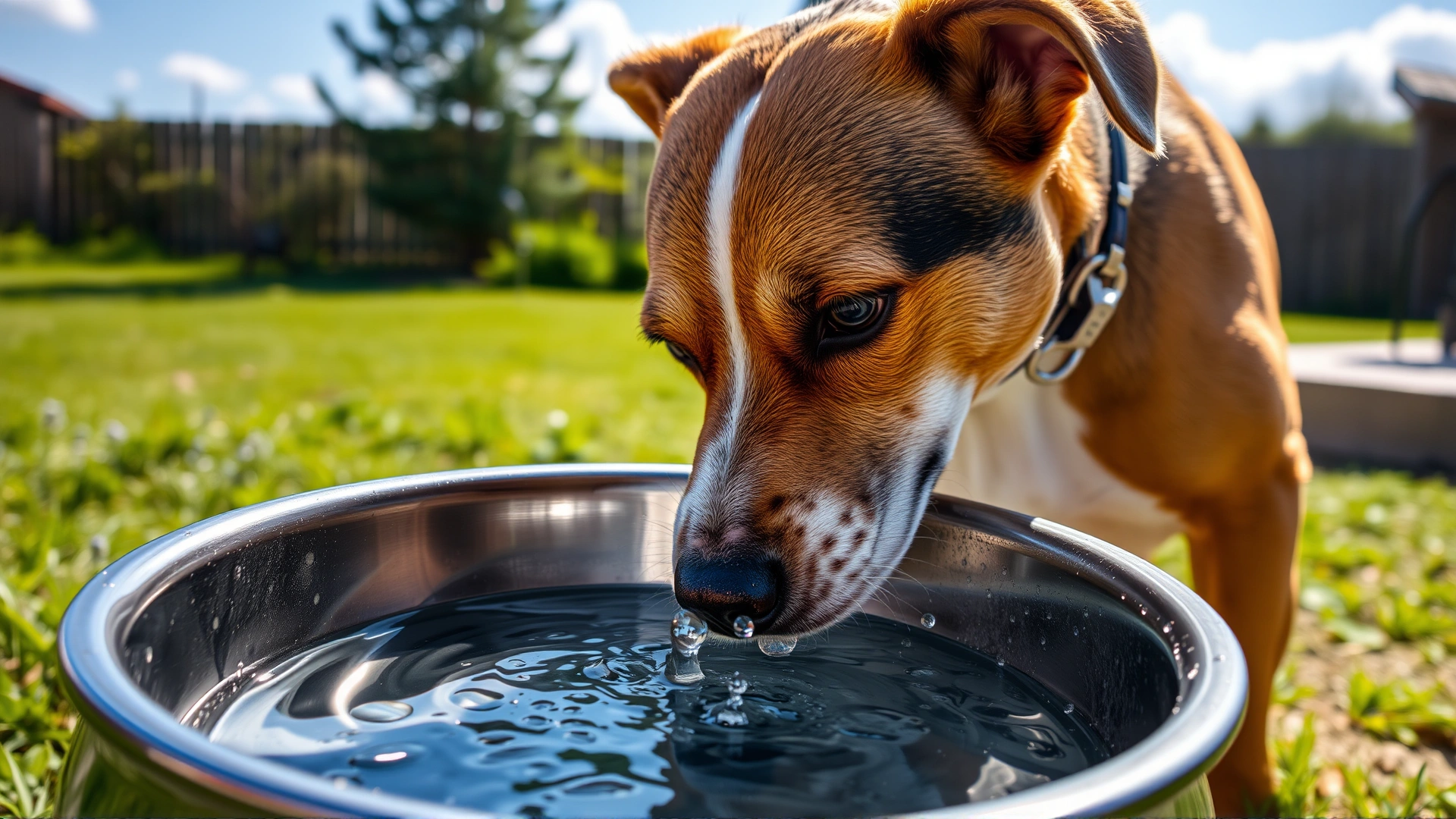 Thirsty dog lapping fresh water from a stainless steel bowl outdoors on a sunny day, water droplets visible