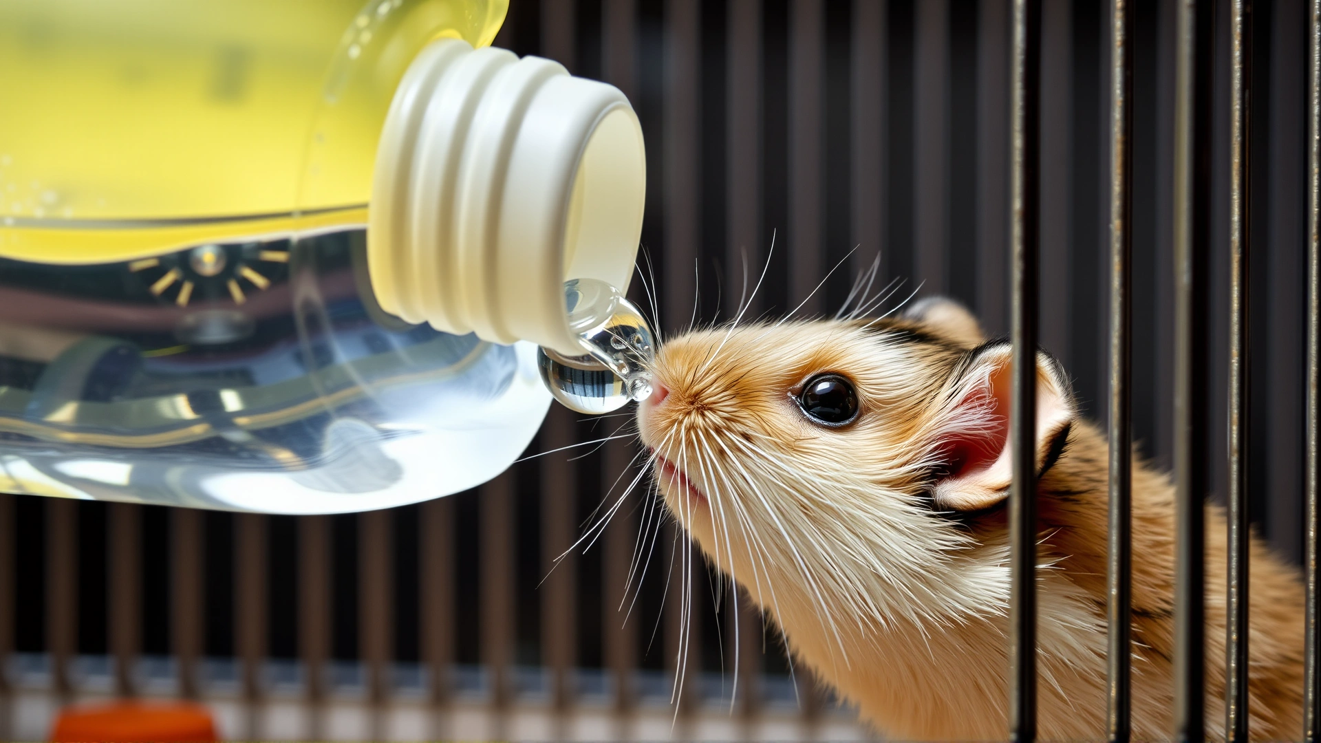 Close-up of a hamster drinking water from a hanging bottle inside its cage, clear focus on the bottle nozzle