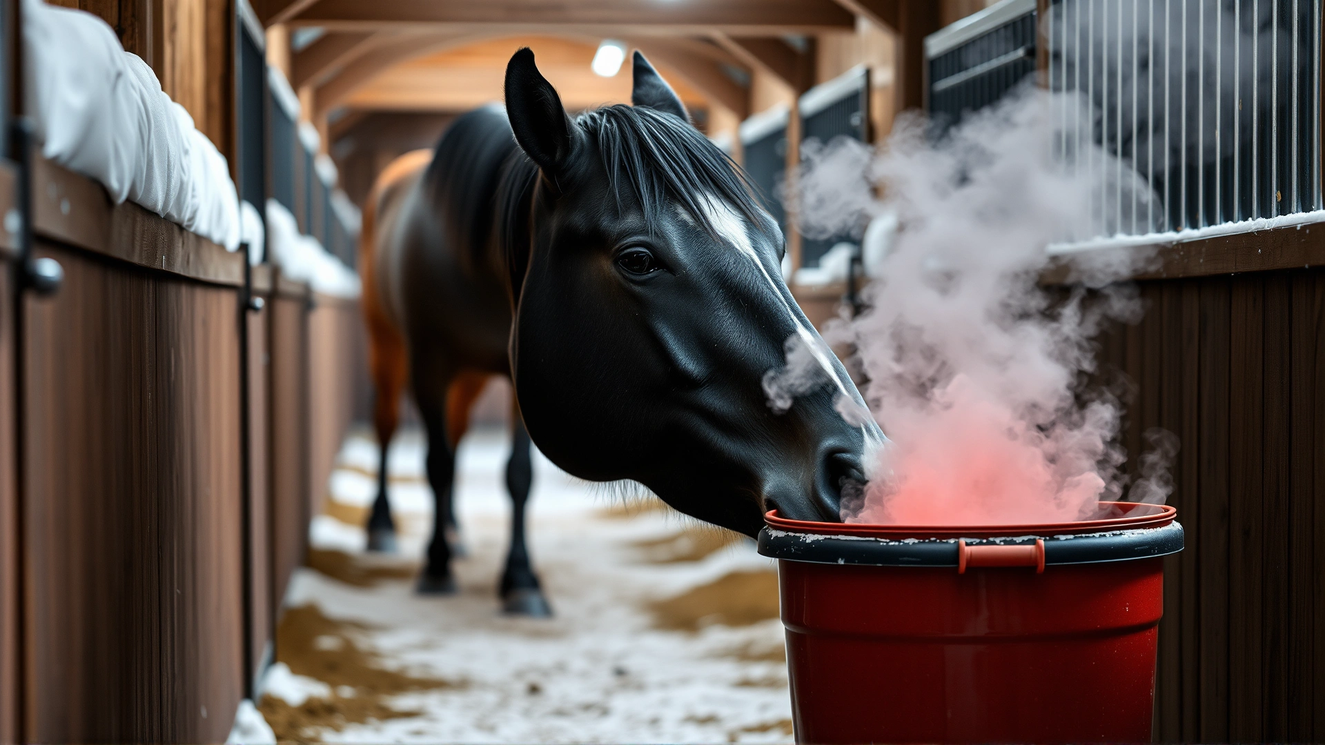 Heated water bucket steaming slightly in a cold barn aisle while a horse drinks, demonstrating winter hydration solution.