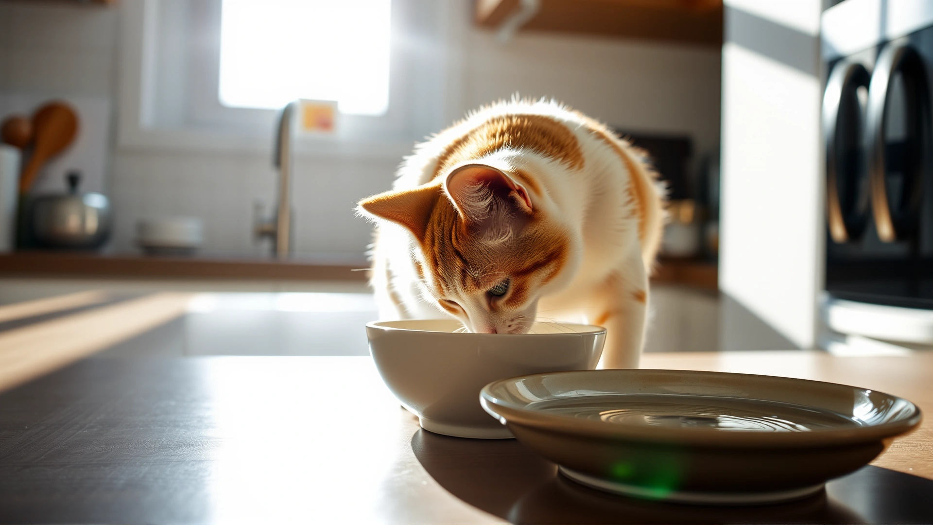 Bright image of a cat drinking fresh water from a ceramic bowl, kitchen setting, sunlight coming through window