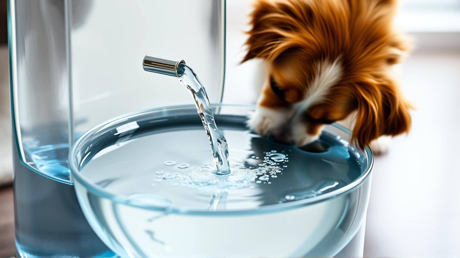Glass water fountain for pets with clear flowing water and a dog drinking from it
