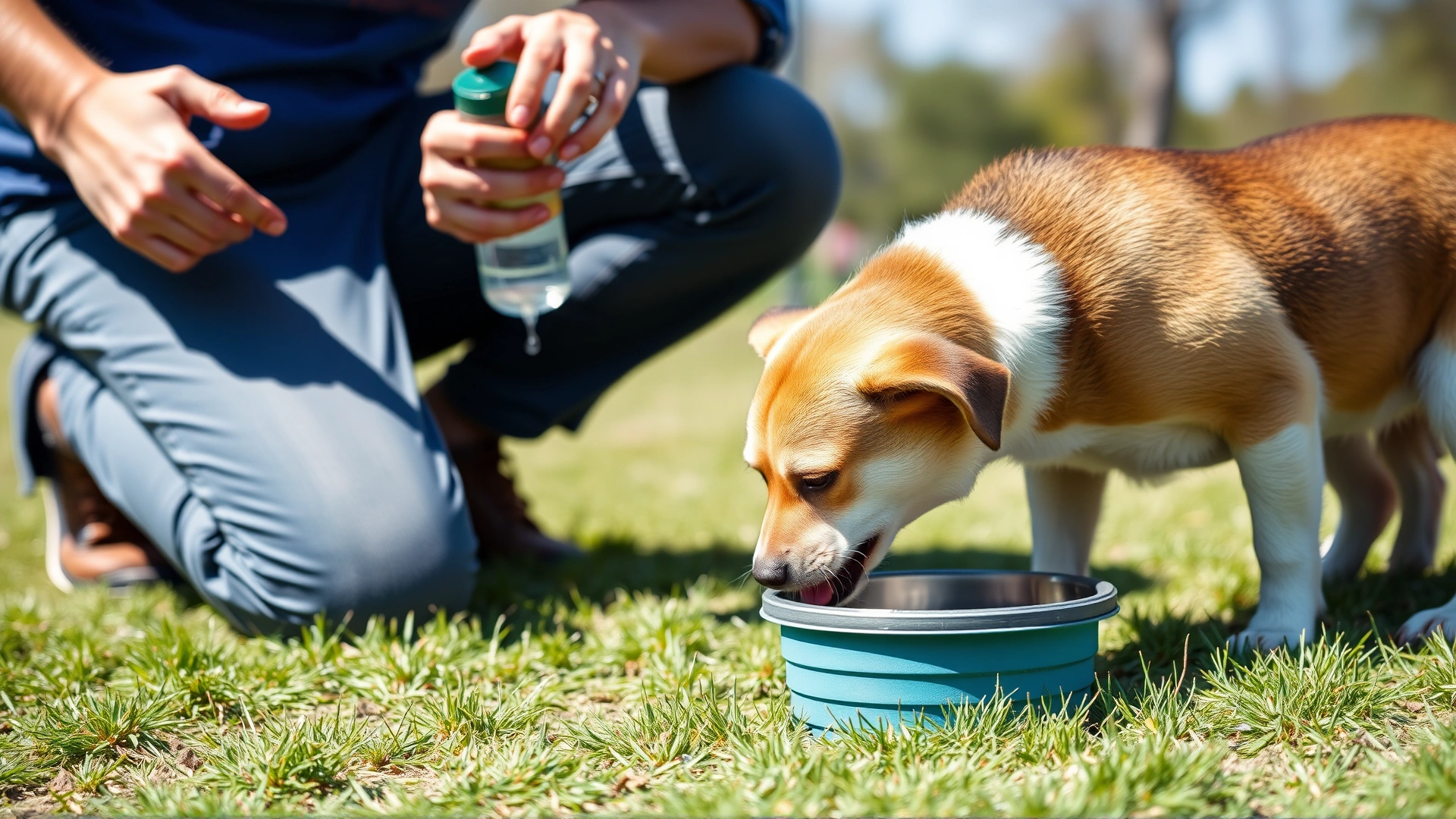 AI image: Dog lapping water from a portable travel bowl while owner kneels beside with a bottle; grassy park background; bright daylight.