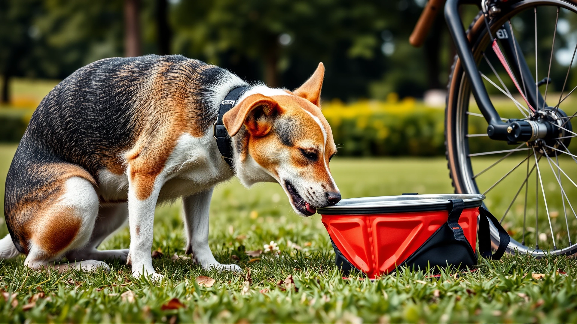 Dog drinking water from a foldable travel bowl next to bicycle during a break in a grassy park, summer vibe, no text.